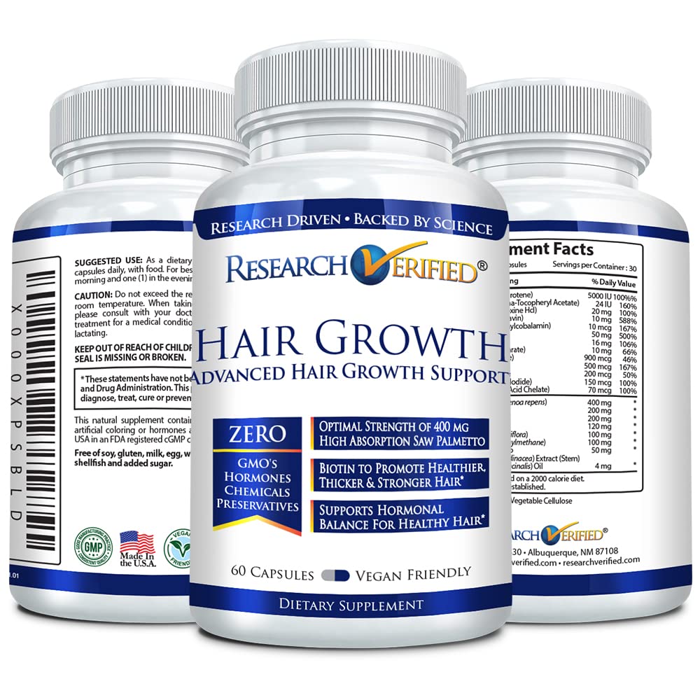 Research Verified Hair Growth Supplement with Biotin, DHT Blockers & Vitamins - Prevent Hair Loss & Promote Healthy Hair Growth - 3 Month Supply (3 Bottles) - Perfect for Thinning Hair, Receding Hairline & Daily Hair Care Routine