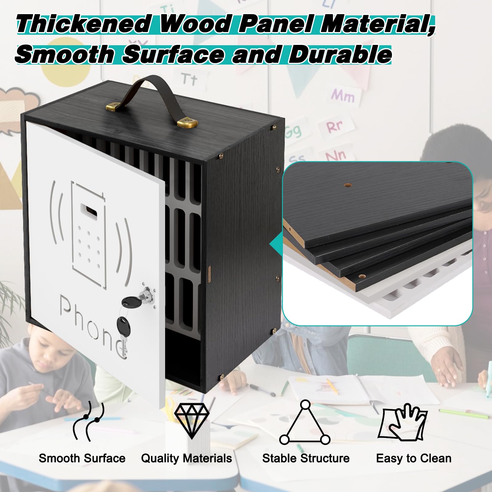 HZE 31-Slot Wooden Cell Phone Holder with Handle & Security Lock - Desktop Phone Storage Cabinet for Classroom, Office, Home - Organize Phones in Meetings, Lectures & Workspaces (Black)