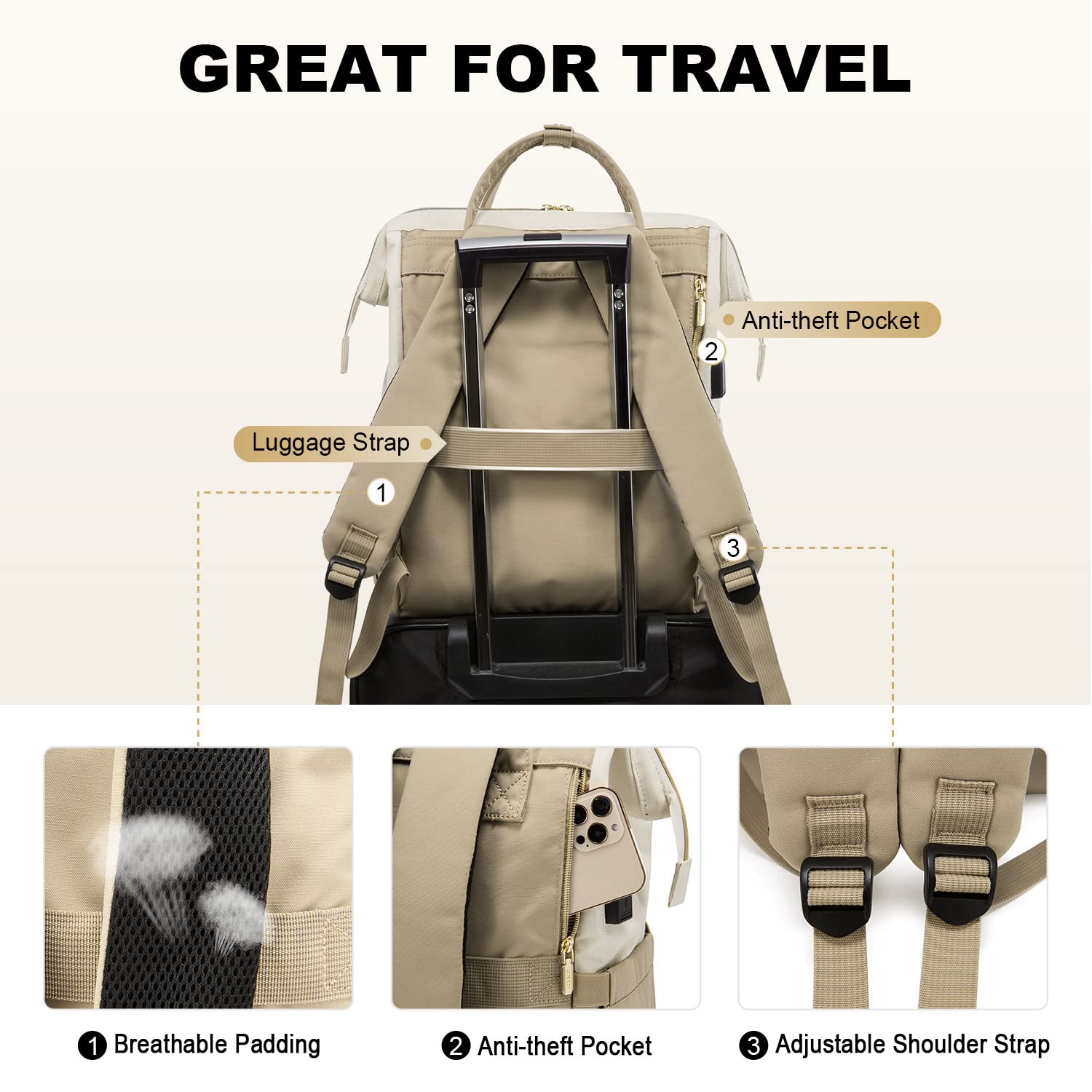 LOVEVOOK Women's Laptop Backpack - Stylish 15.6 Inch Computer Bag for Work, Travel & School | Water-Resistant Business Backpack for Professionals, Nurses & Students | Perfect for Commuting, Office & College (Beige-Khaki)