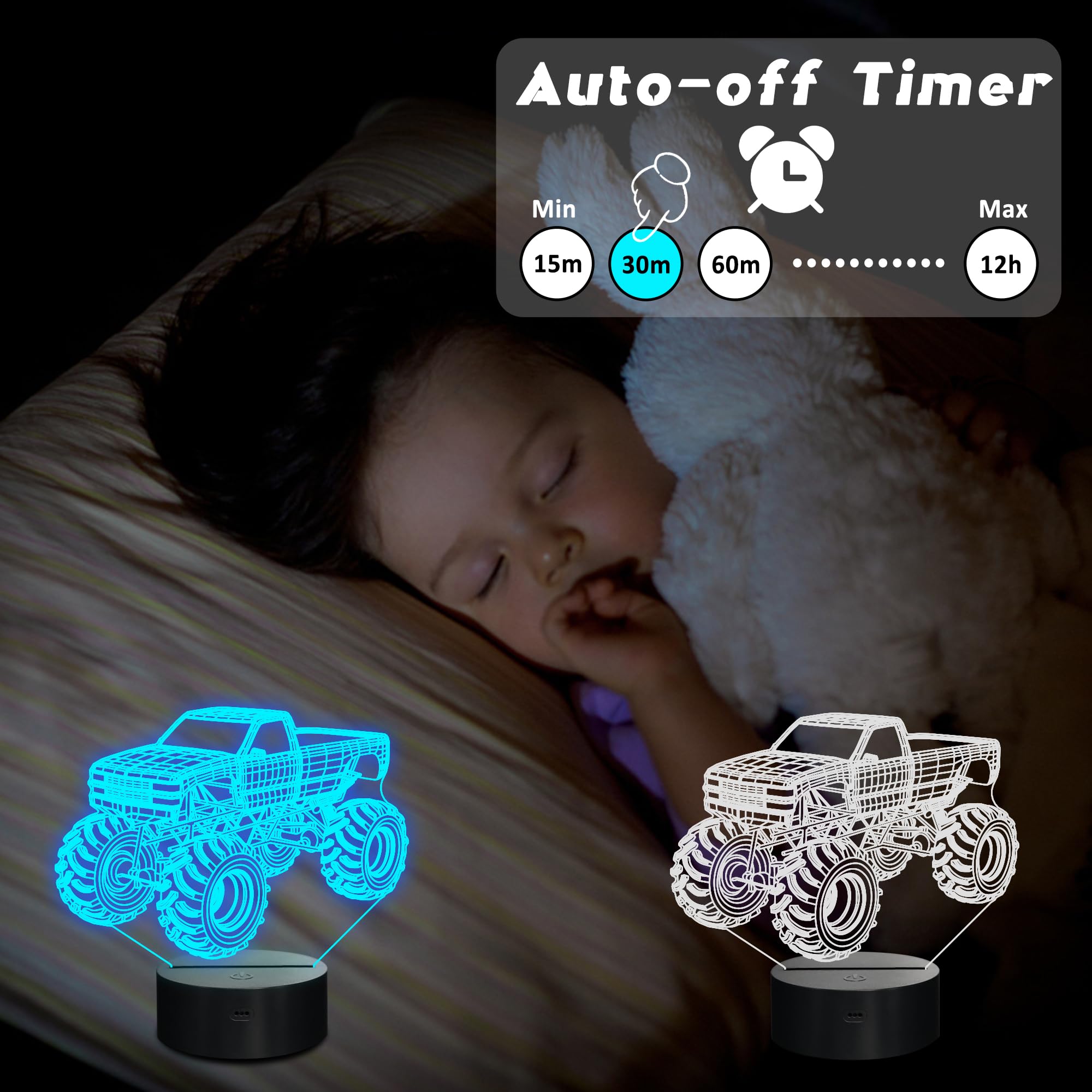 3D LED Monster Trucks Night Light with Remote Control & Timer - Cool Optical Illusion Lamp for Boys, Kids & Teens | Perfect Christmas & Birthday Gift | Bedroom Decor, Kids Room Lighting, Nighttime Comfort