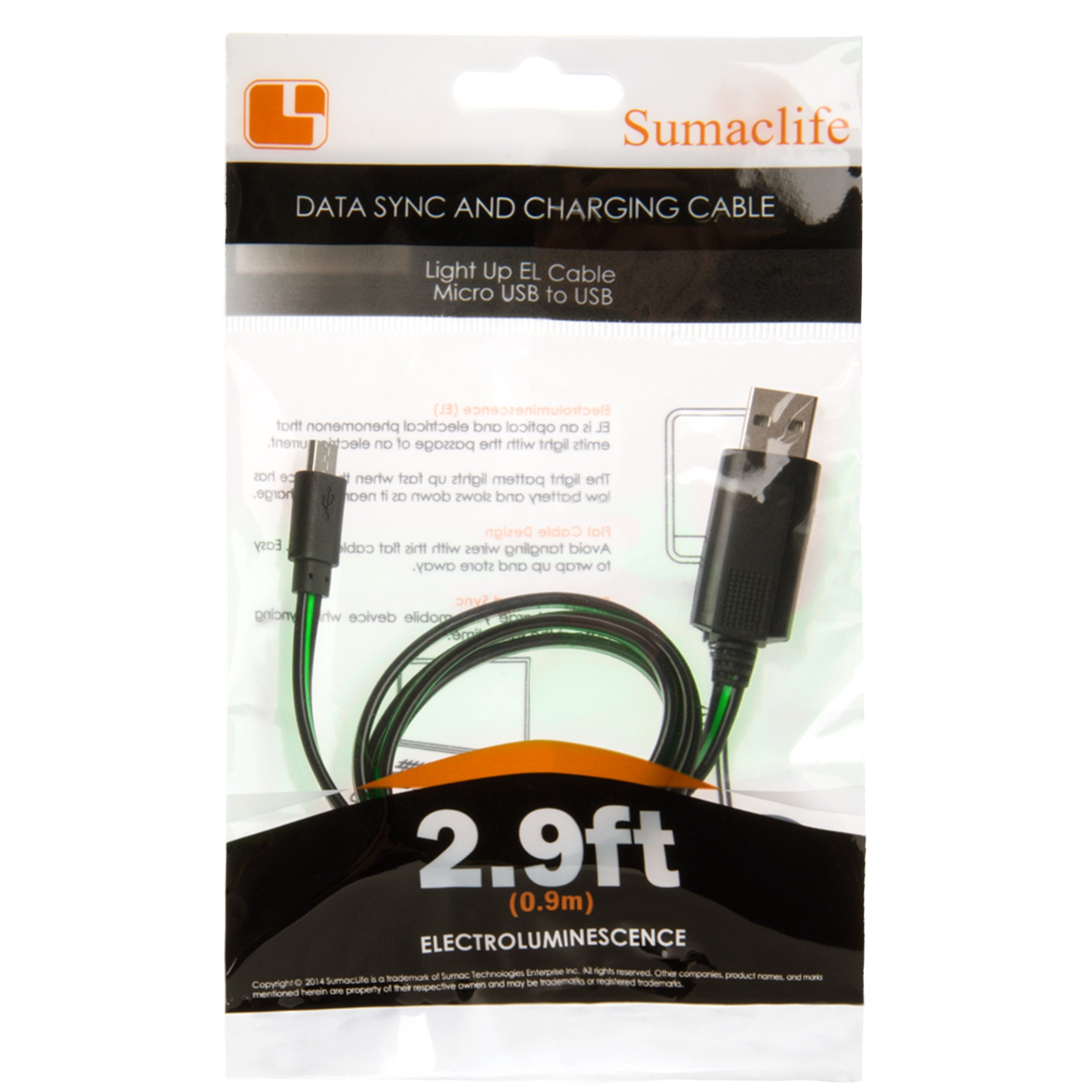 SumacLife Electroluminescent Lightning Sync & Charging Cable - 2.9ft Micro USB to USB Cable with Glow Effect - Perfect for Nighttime Charging, Gaming Setups & Tech Enthusiasts (SLLtnMUSBUSBGRN)