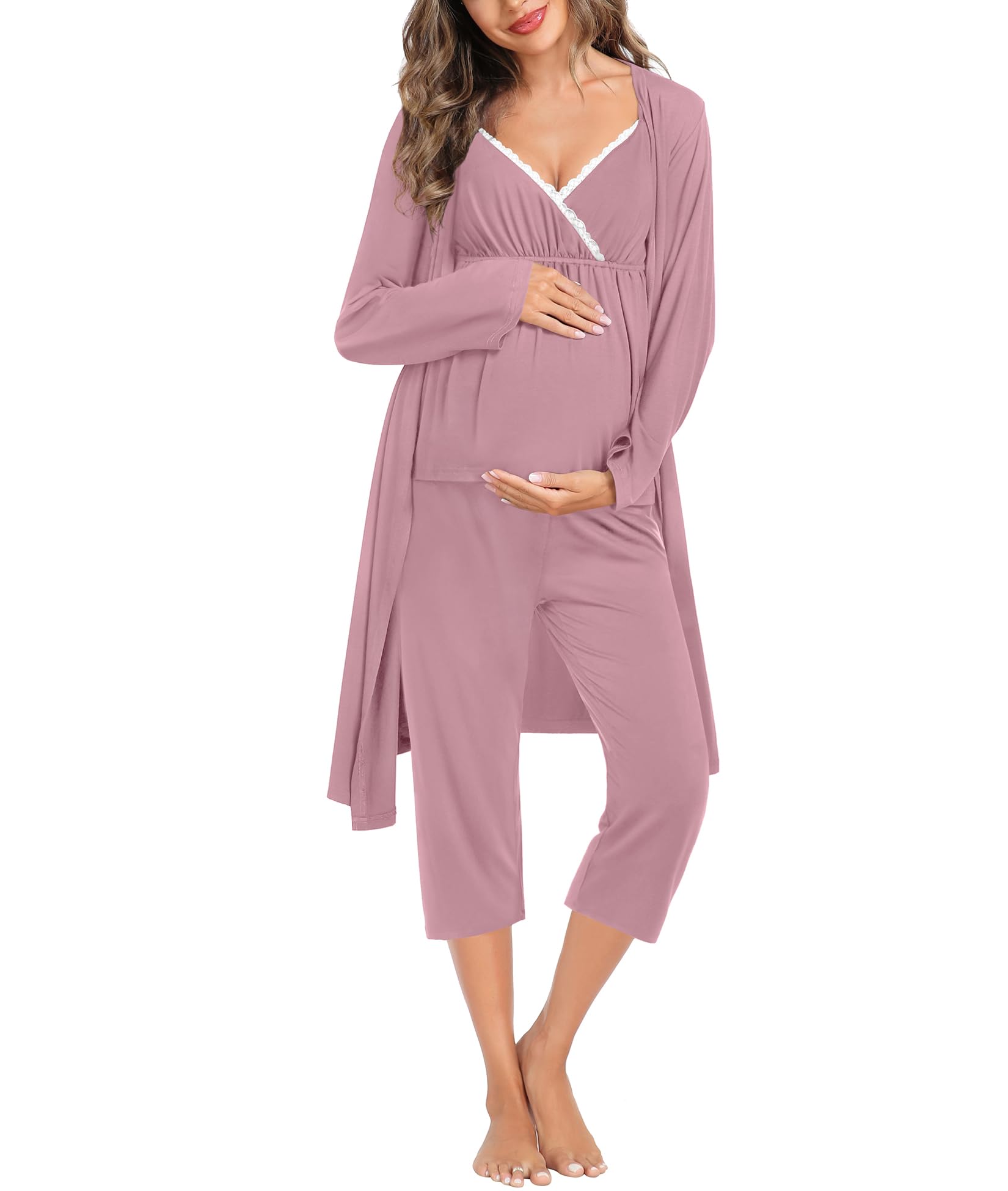 SWOMOG 3-Piece Maternity Nursing Robe Set - Breastfeeding Pajamas for Labor, Delivery & Postpartum - Soft Nursing Sleepwear for Pregnant Women | Perfect for Hospital Stay, Night Feeding & Comfortable Pregnancy Sleep