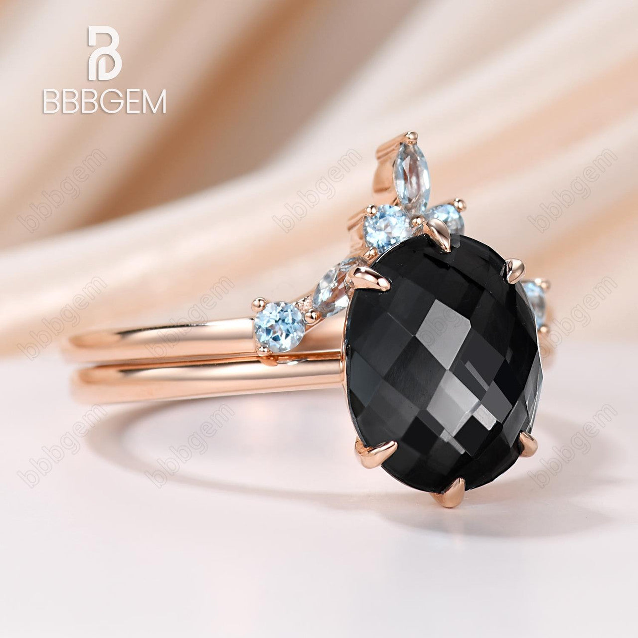 10x8mm Oval Cut Black Spinel Engagement Ring Set with Rose Gold Band - Checkerboard Cut Black Gemstone, August Birthstone - Perfect for Weddings, Anniversaries & Special Occasions