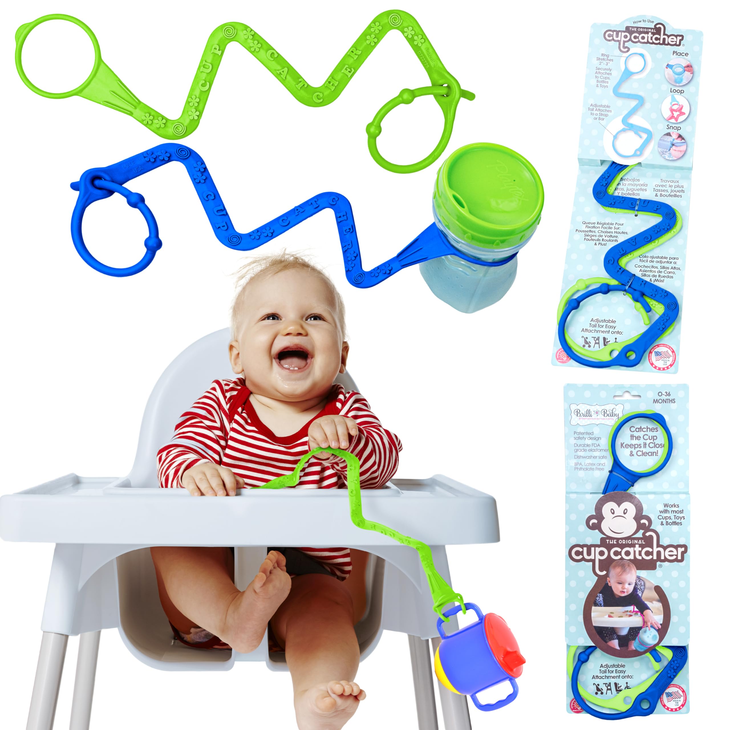Brilli Baby Cup Catcher 2 Pack - Patented Safety Tether Strap for Sippy Cups, Bottles & Toys | Securely Attach to Strollers, High Chairs & Car Seats | Dishwasher Safe, Food Grade & Made in USA (Navy & Lime) | Perfect for On-the-Go Families & Mess-Free Feeding