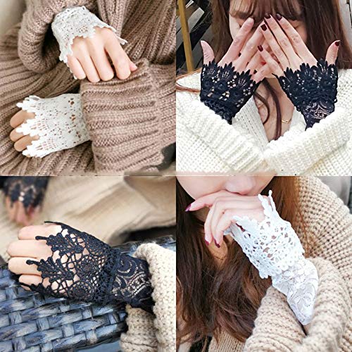 2 Pairs Women's Fake Arm Sleeves - White & Black Organza Pleated Cuff Lace Hollow Hook Arm Warmers | Elegant Goddess Style Accessories for Outdoor Activities, Cosplay & Fashion