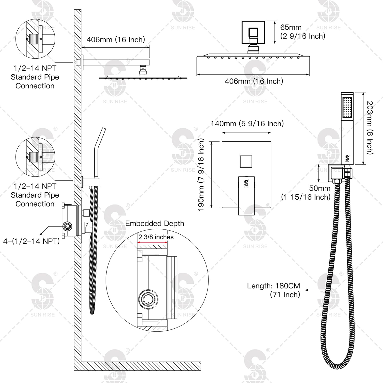 SR SUN RISE Polished Chrome Square Rainfall Shower Head and Handle Set - Wall Mounted Shower Fixtures with Metal Faucet Trim & Valve (16 Inch) - Perfect for Modern Bathroom Renovation and Spa-Like Shower Experience