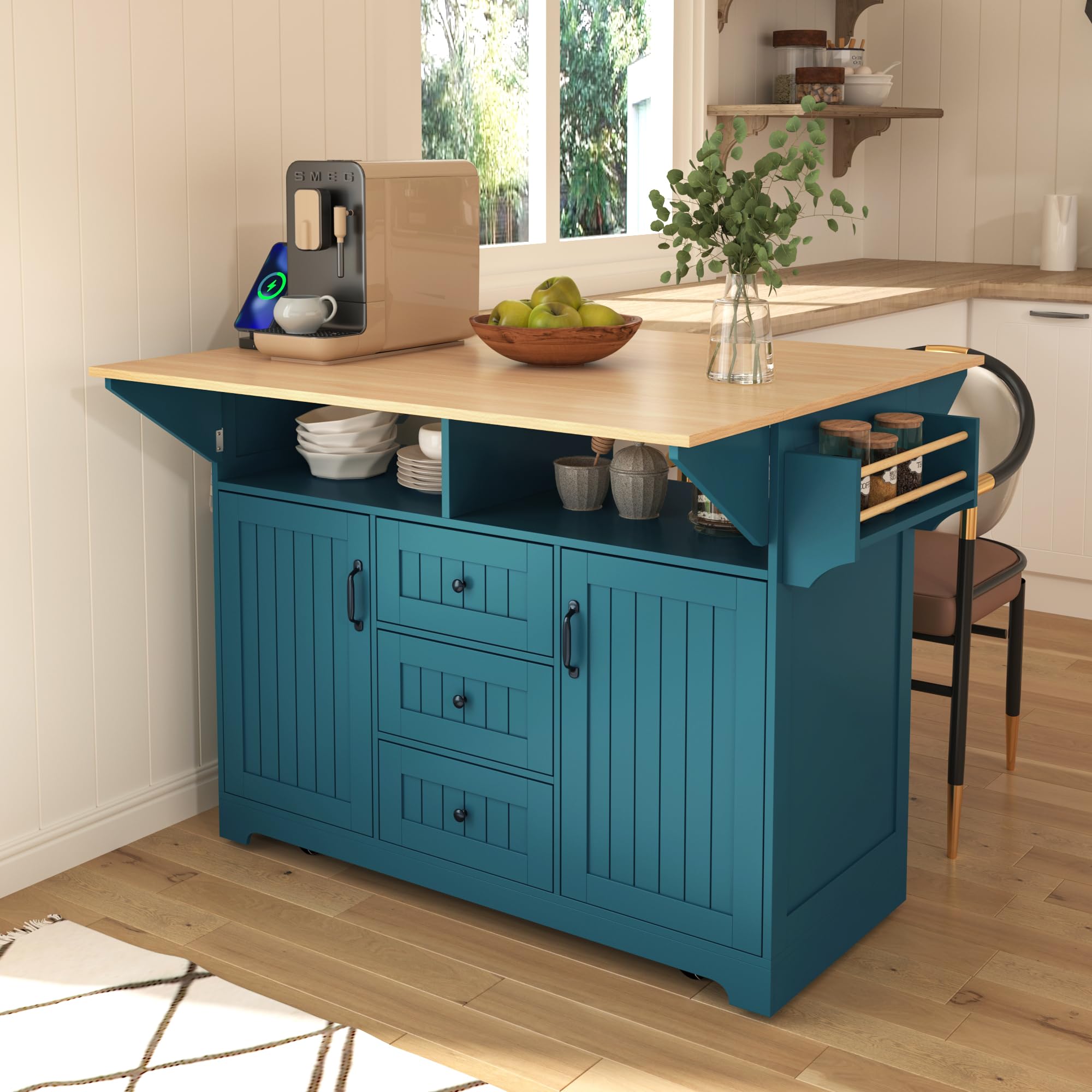 Rolling Kitchen Island Cart with Power Outlets, Drop Leaf Countertop & Storage - Mobile Kitchen Workstation with Barn Door Cabinet and Tower Rack for Cooking, Baking & Entertaining