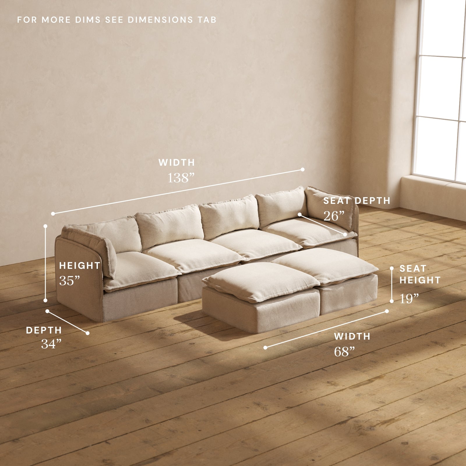 Modular Performance 4-Seater Sofa with Bench Ottoman in Oat - Modern Sectional Couch for Living Room, Family Room & Lounge Areas | Relaxed Blend Fabric | Space-Saving Design
