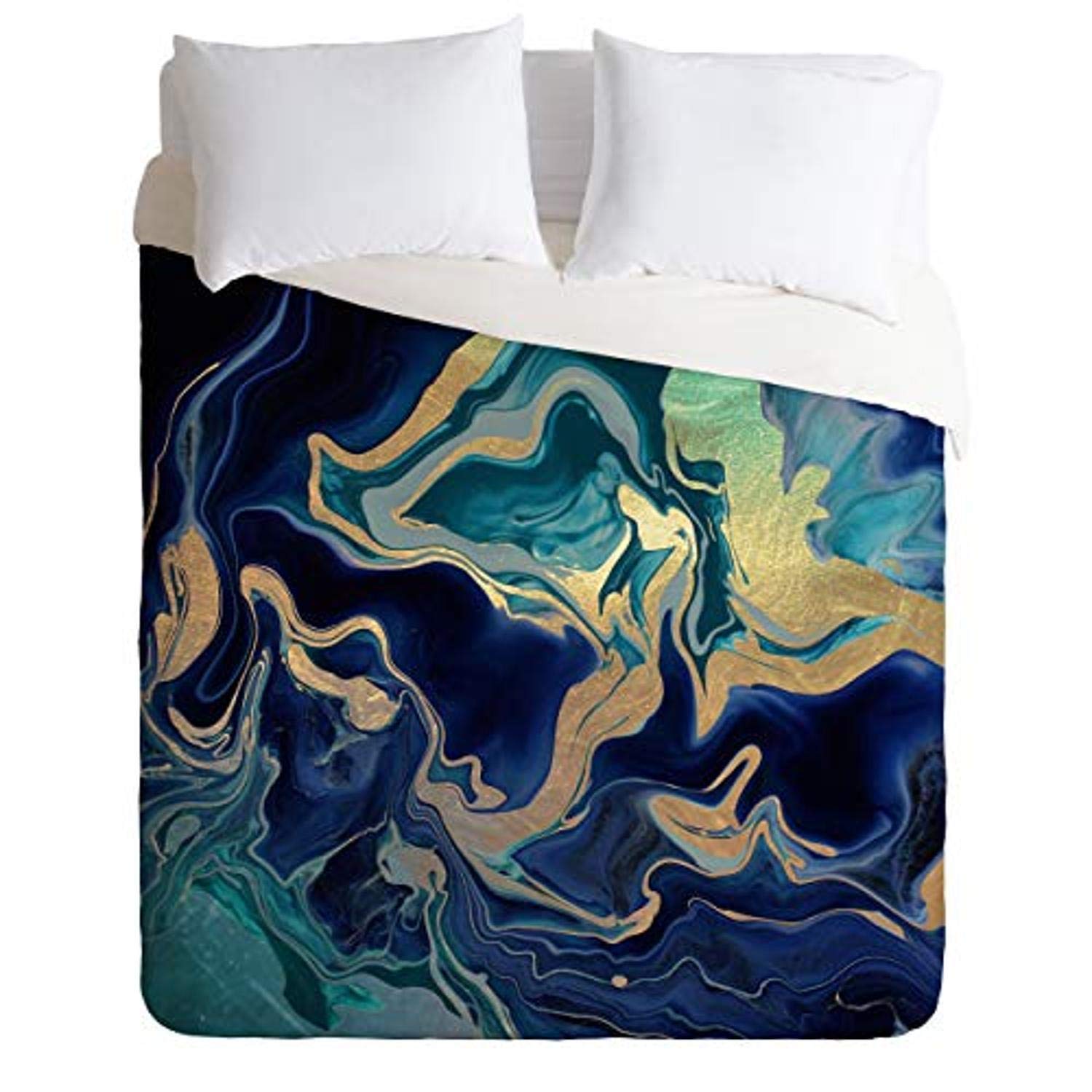Dramaqueen Gold Indigo Marble Monika Strigel Comforter Set with Pillowcases - Twin/XL Size, Soft & Stylish Bedding for Modern Bedrooms - Perfect for Teens, Dorms & Guest Rooms