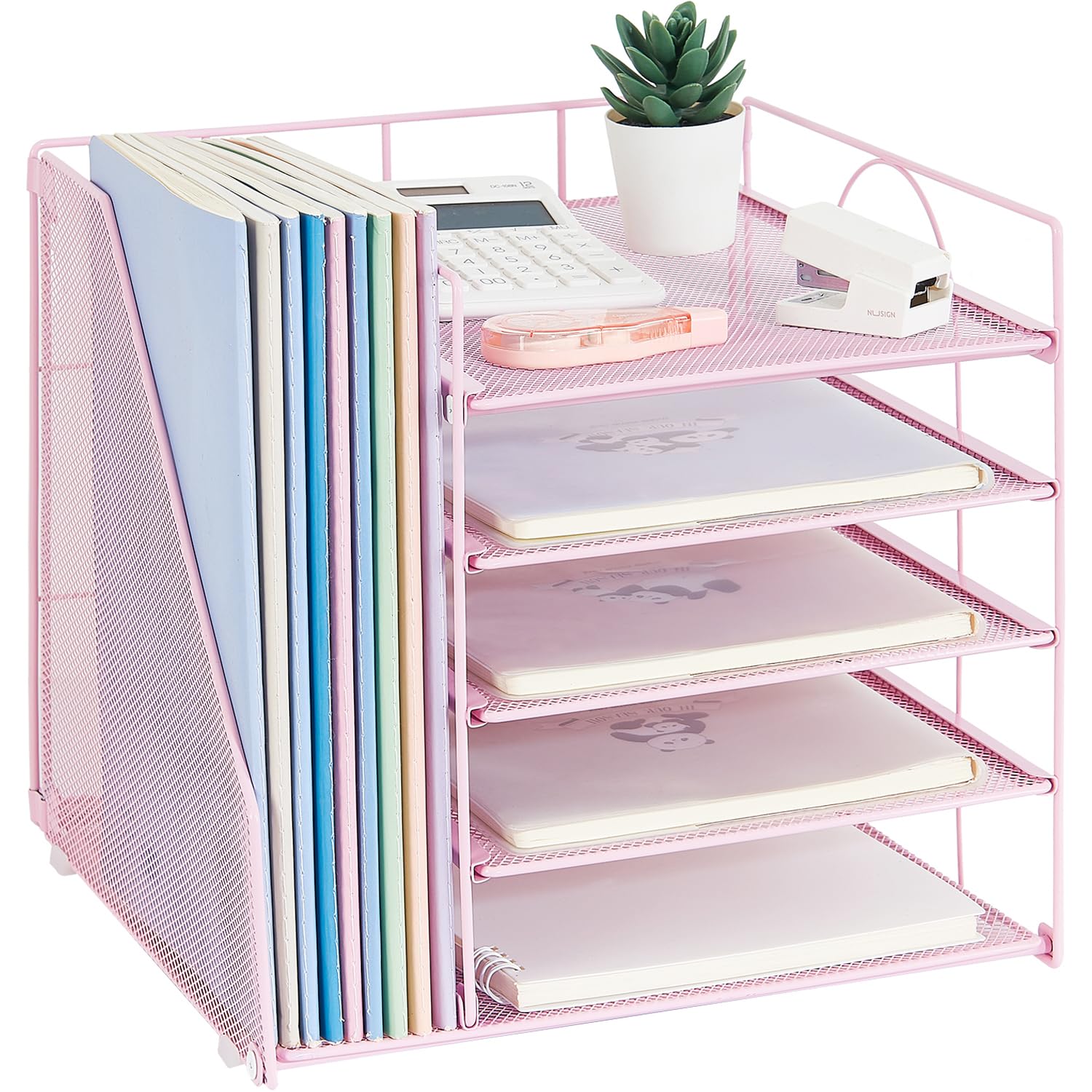 5-Tier Paper Letter Tray Organizer with File Holder - Pink Desk Organizer for Office & Home - Perfect for Mail, Documents, Bills, and Office Supplies Storage