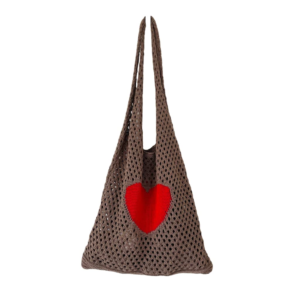 Aesthetic Knitted Beach Tote Bag with Heart Pattern - Fairy Grunge Crochet Handbag for Women | Perfect for Summer Beach Trips, Picnics & Boho Fashion Accessories