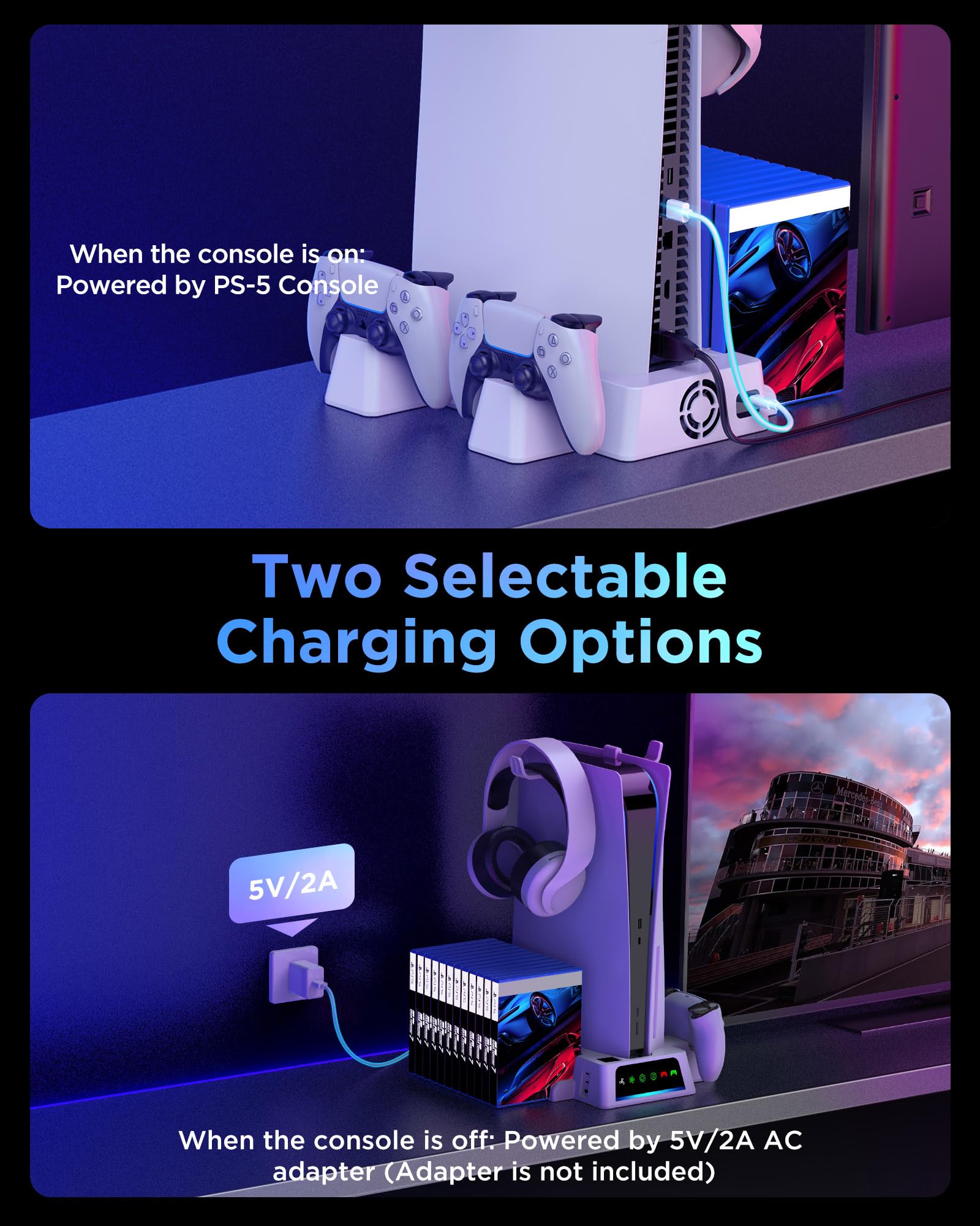 YOGES PS5 Stand with Cooling Fan & Dual Controller Charger - White | 2H Fast Charging Station with Temperature Sensor & 2 Headset Holders | Perfect for Gaming Setup & Console Protection
