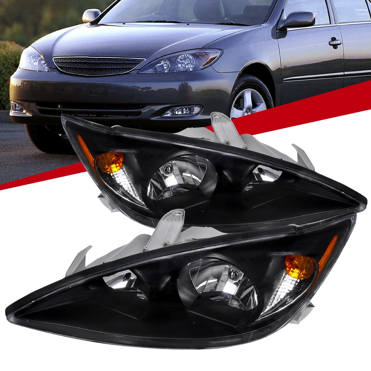 2002-2004 Toyota Camry Sedan JDM Style Black Headlights Pair - Left & Right Replacement Lamps for Improved Night Visibility | Perfect for Car Upgrades & Night Driving Safety