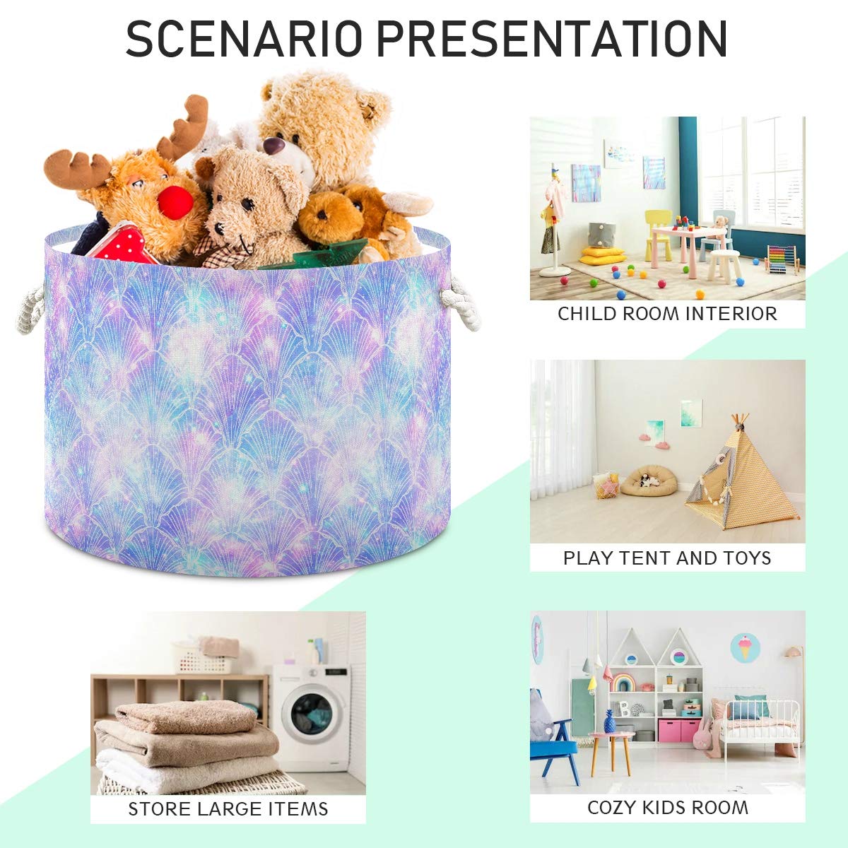 ALAZA Collapsible Storage Basket with Mermaid Galaxy Print - Round Laundry Hamper & Organizer for Kids Nursery, Clothes, Toys, Books - Home Decor Basket with Handles (Perfect for Bedroom, Playroom & Closet Organization)