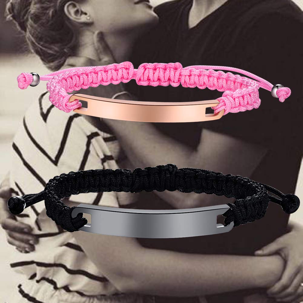 Custom Engraved Rope Braided Couple Bracelets - Personalized Matching His & Hers Cuff Bangles with ID Names - Handmade Romantic Gift for Anniversaries, Weddings & Valentine's Day