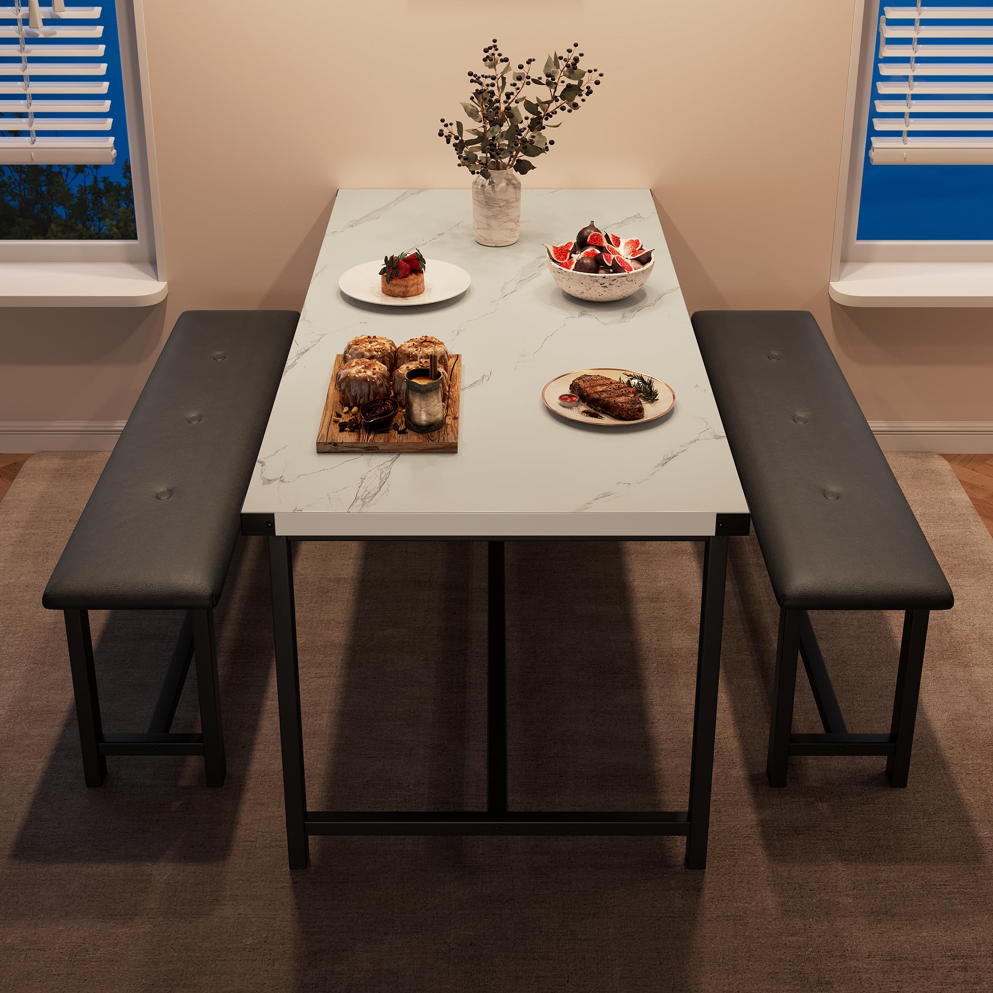 IDEALHOUSE 4-Piece Dining Table Set with 2 Upholstered Benches - White Marble Rectangular Kitchen Table for Small Spaces, Apartments & Studios | Perfect for Breakfast Nooks, Compact Dining Areas & Modern Home Decor