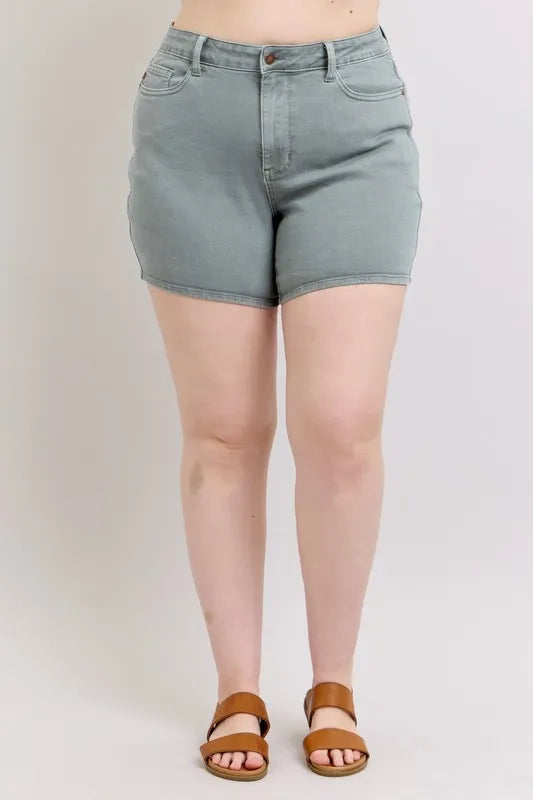 Judy Blue Women's Plus Size Garment Dyed Shorts with Back Pocket Embroidery - Comfortable Casual Wear for Summer Outings & Beach Vacations