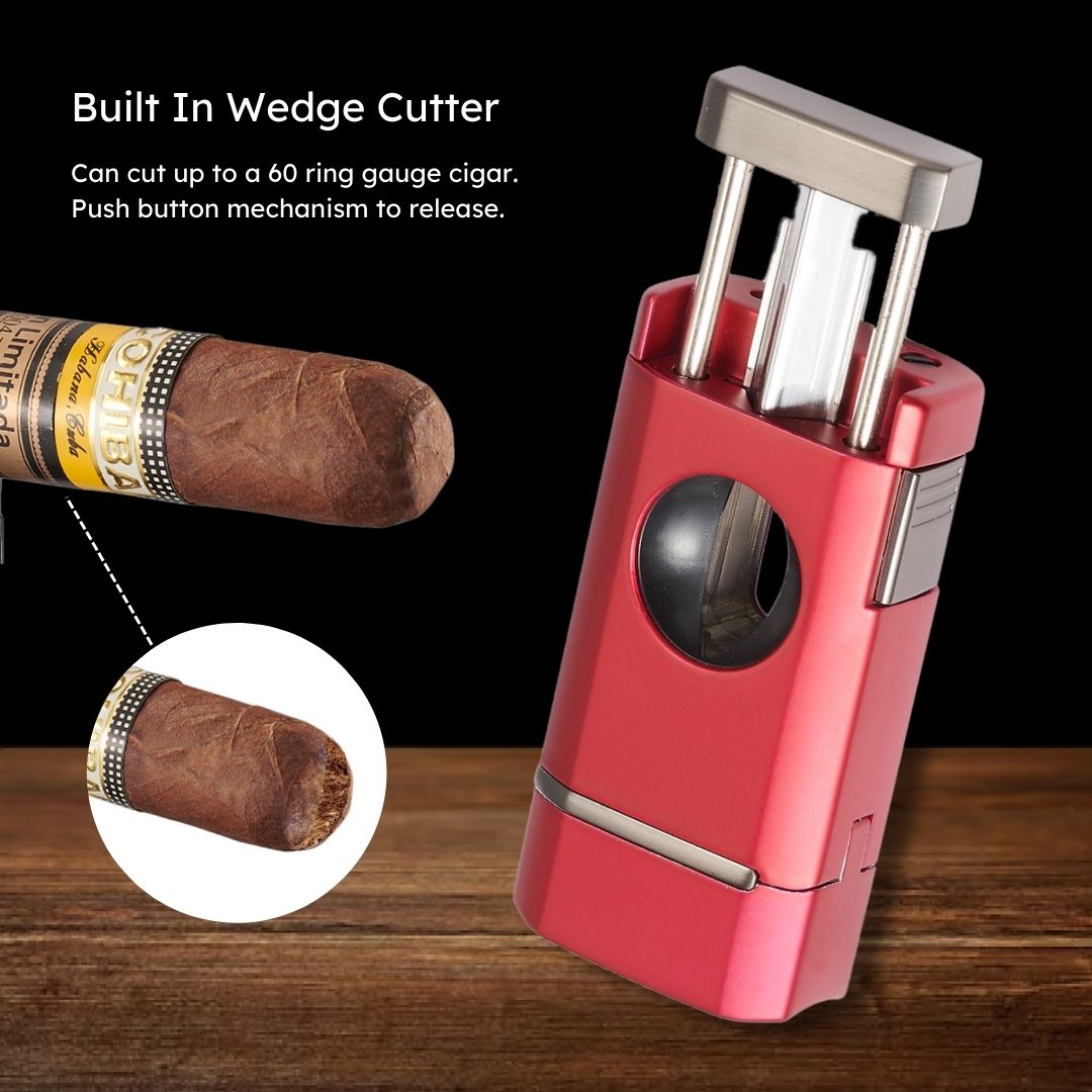 Visol Diablo Triple Torch Flame Lighter with Spring V Cutter - Red | Windproof Butane Lighter for Cigars, Camping & Outdoor Use