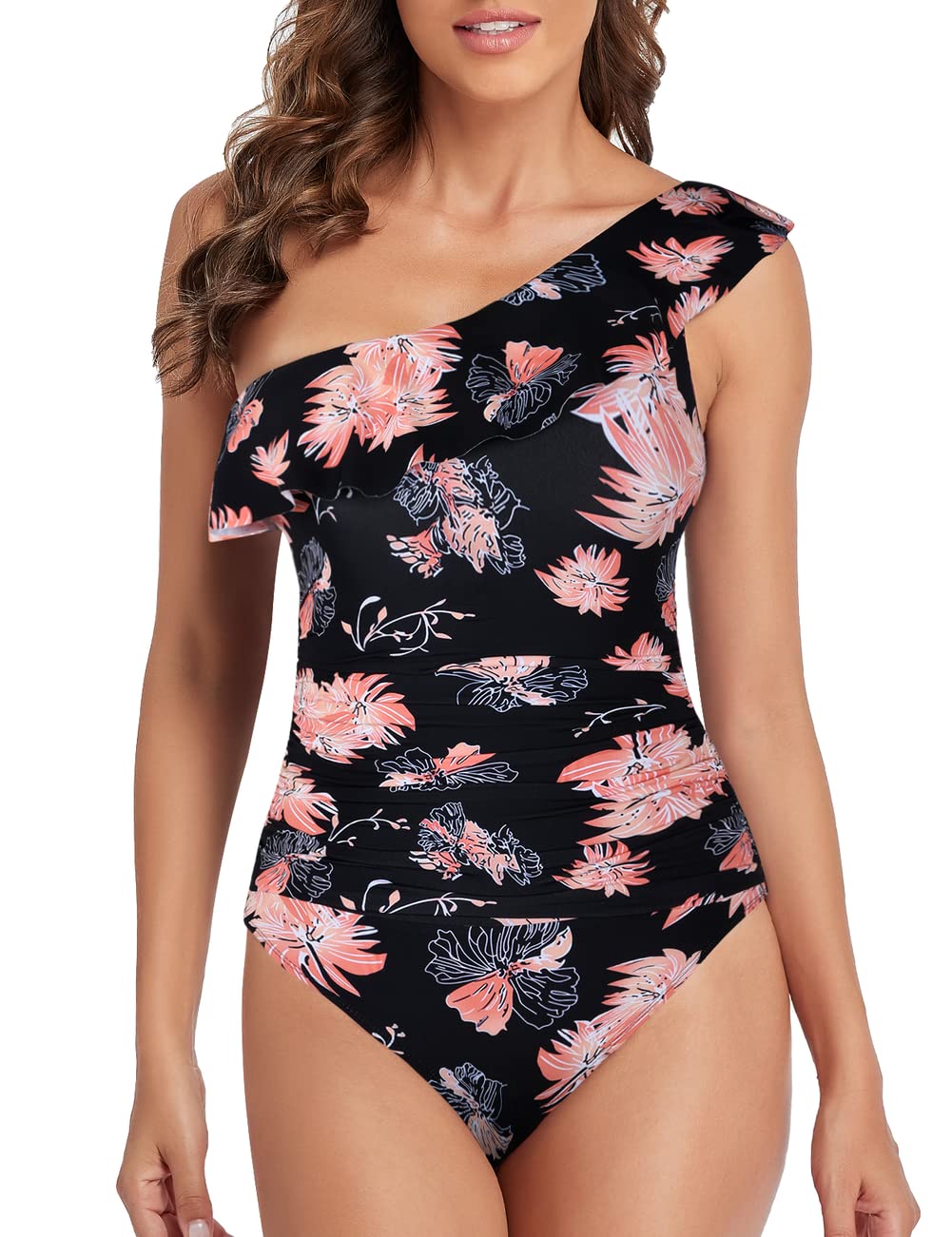 Hilor Women's One Piece Swimsuit Tummy Control Asymmetric One Shoulder Bathing Suit - Sexy Beachwear for Pool, Vacation & Summer Activities