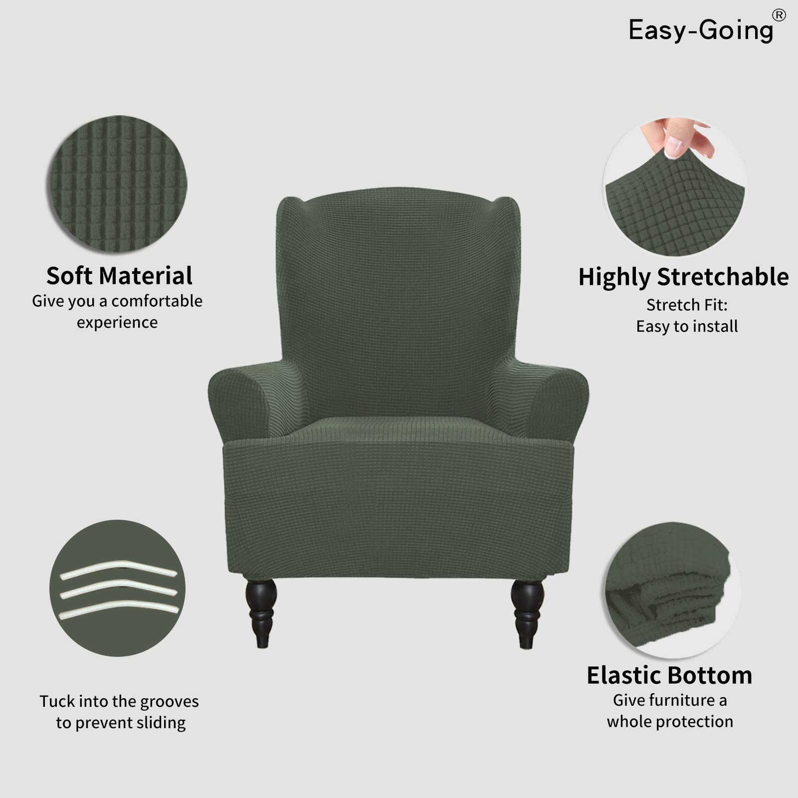 Stretch Wingback Chair Slipcover - 1-Piece Elastic Sofa Cover with Jacquard Fabric, Olive Green - Furniture Protector for Living Room, Office, Reading Nook - Polyester Spandex Blend with Small Check Pattern