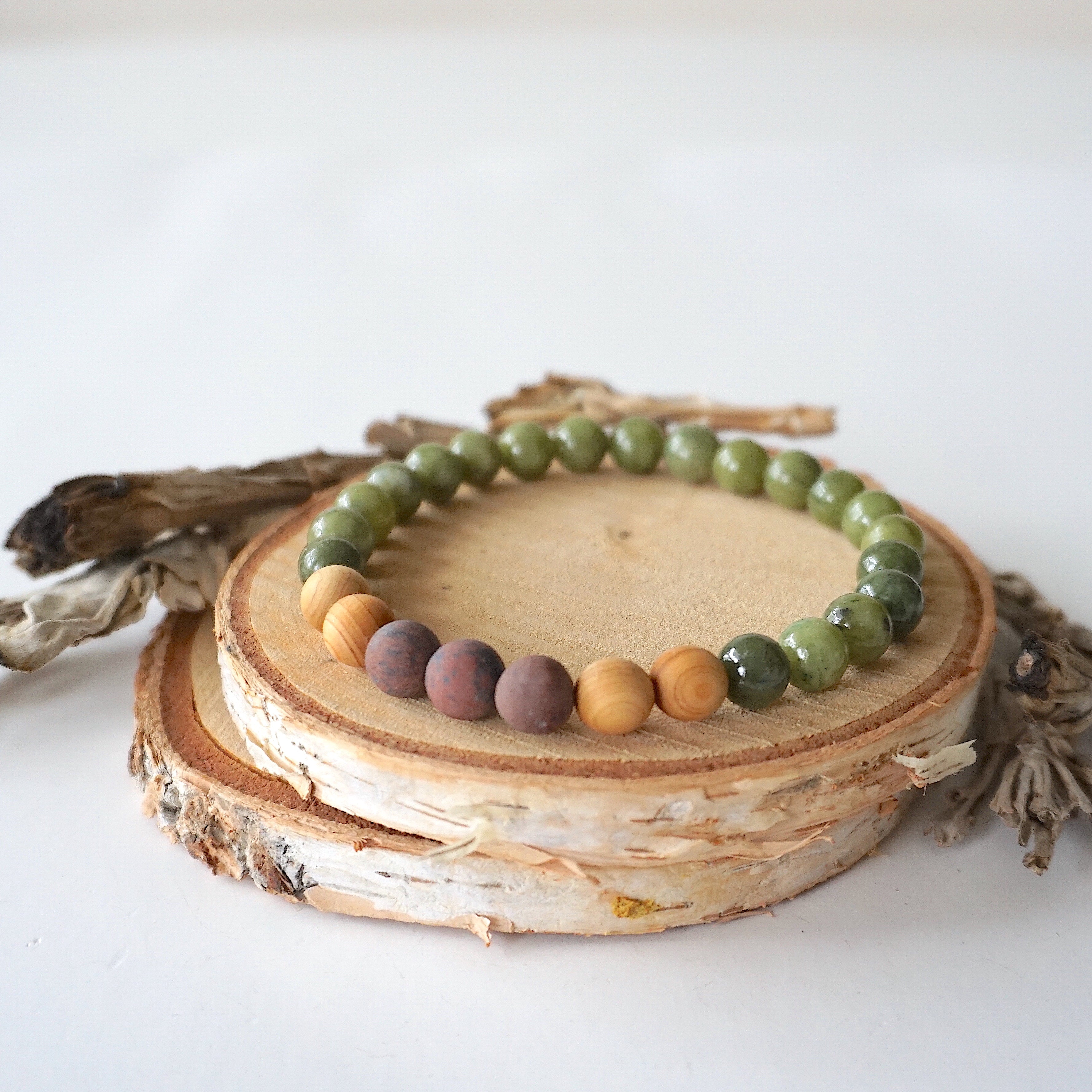 Jade Healing Crystal Mala Bracelet with Mahogany Obsidian & Cedar Wood - Meditation, Yoga & Spiritual Wellness Accessory