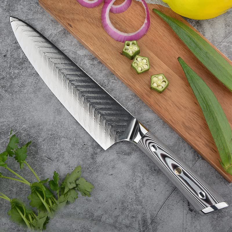 8 Inch Damascus Chef Knife - VG10 Steel 67 Layer Fishbone Pattern Kitchen Knife for Slicing Meat, Vegetables & Fish | Ultra Sharp Professional Cooking Knife | Perfect for Home Chefs & Culinary Enthusiasts
