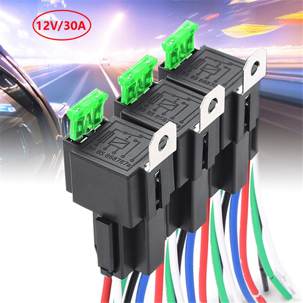 12V 30A 4 Pin DC Car Relay with 16AWG Colorful Wire Harness - Heavy Duty Automotive Starter Relay with Built-in Fuse for Car Accessories, Audio Systems, LED Lights & Vehicle Upgrades