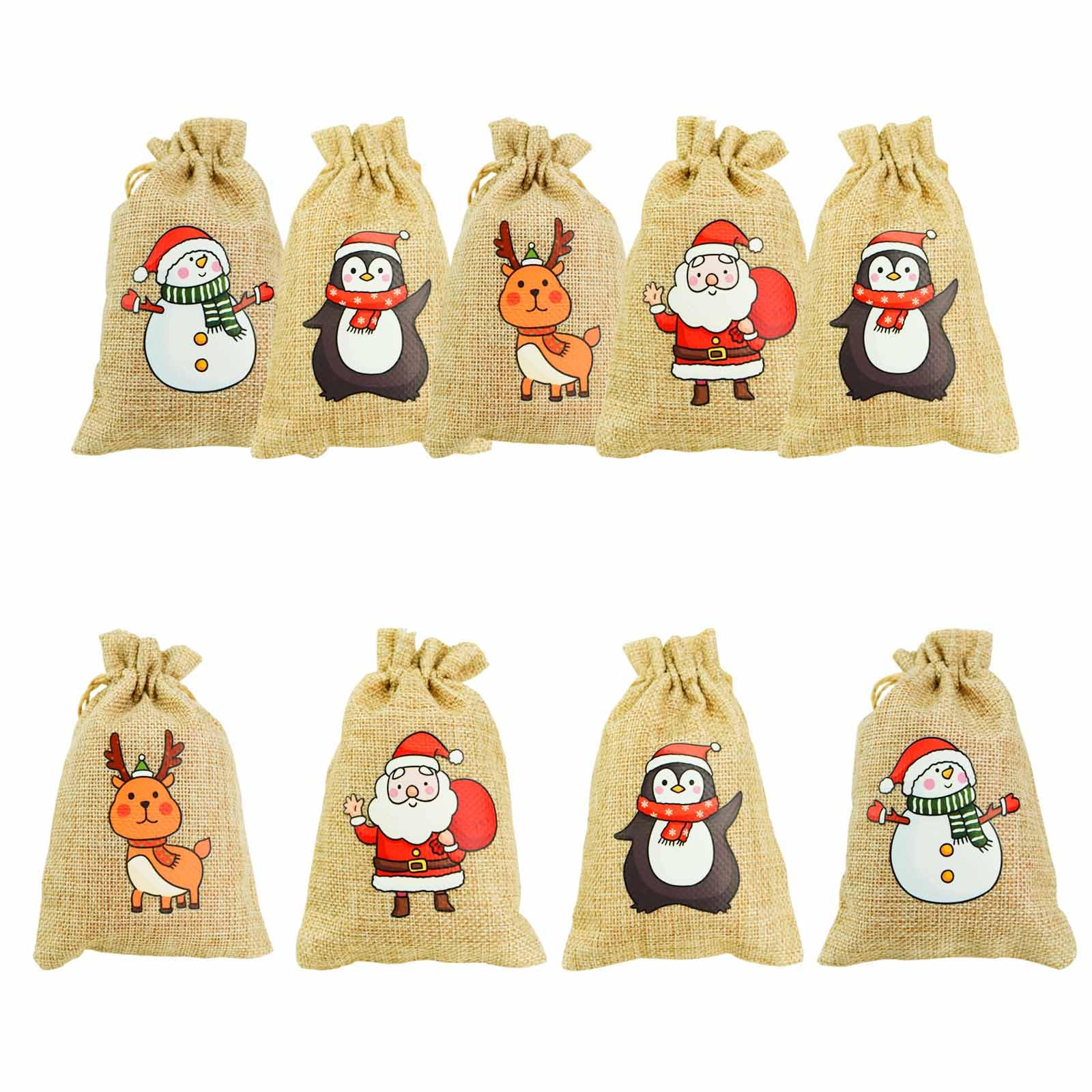HappyLain 10PCS Christmas Linen Drawstring Bags - Mixed Holiday Gift Bags with Jute Strings (Snowman, Santa, Penguin & Elk Designs) - Perfect for Party Favors, Holiday Treats & Festive Gift Wrapping