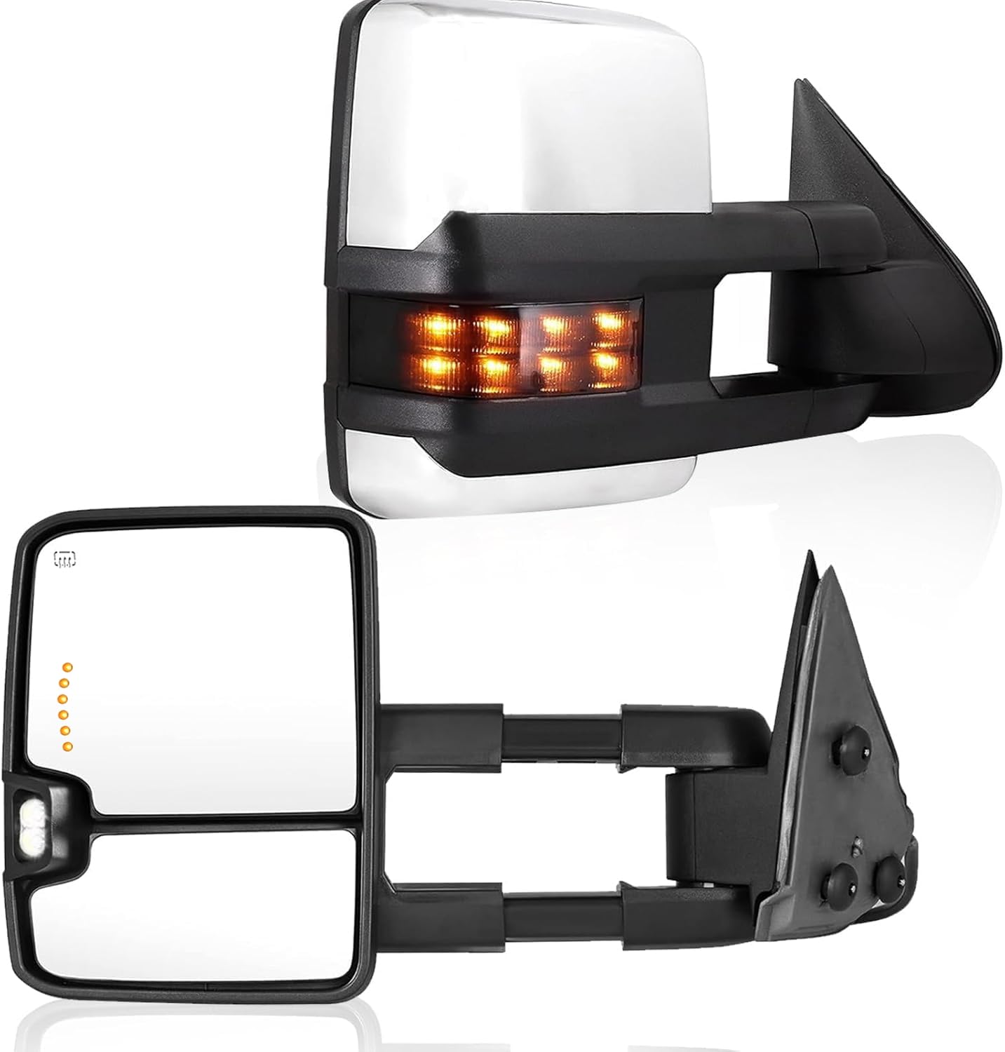 Heavy Duty Towing Mirrors for 2007-2013 Chevy Silverado & GMC Sierra 1500/2500/3500 HD (Fits 2014 2500HD/3500HD) - Chrome Power Heated with Turn Signal, Manual Folding Extendable Mirror Pair - Perfect for Towing Trailers, Boats & RVs