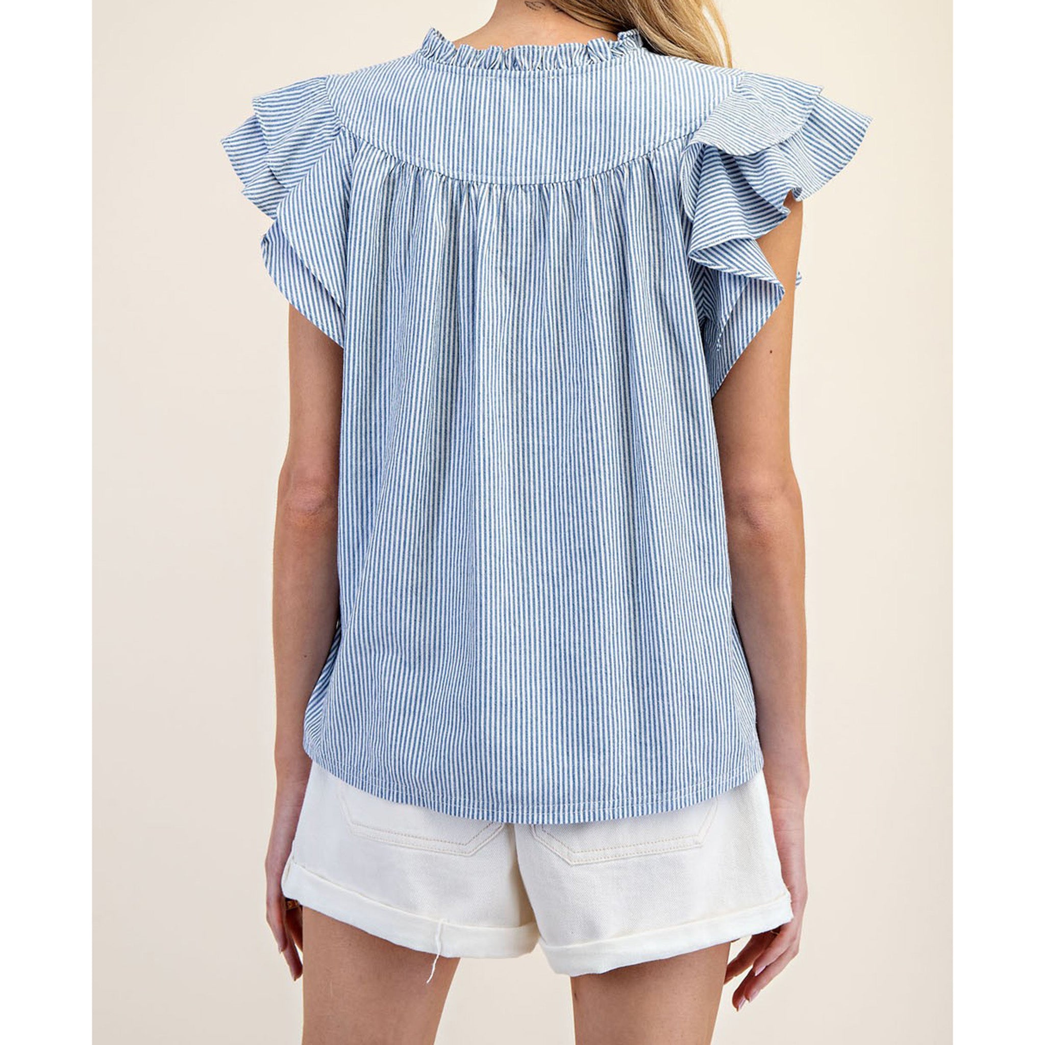 Blue & White Striped Double Ruffled Short Sleeve Top for Women | Casual Summer Blouse | Perfect for Beach Outings, Picnics, and Date Nights