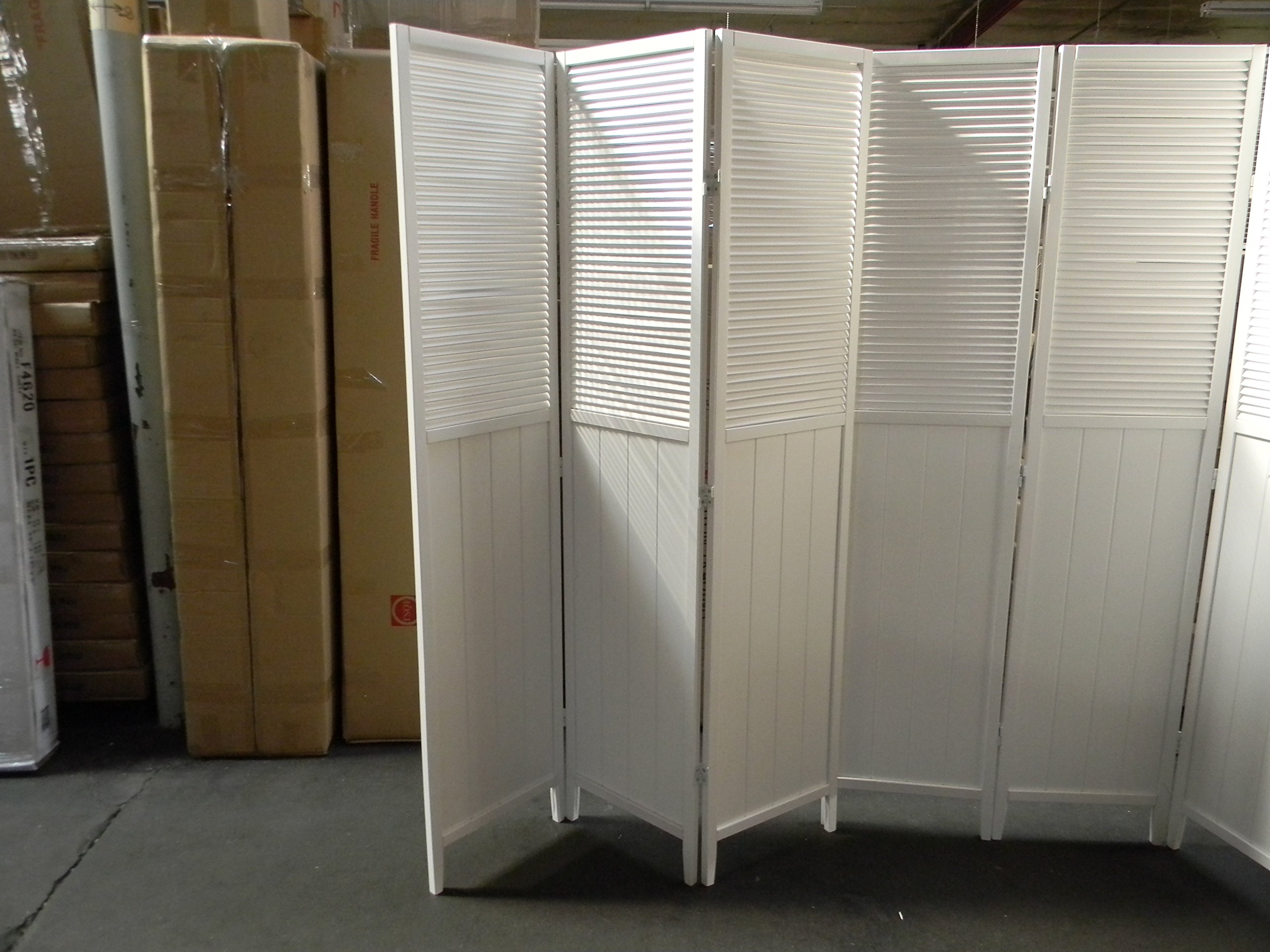 5 Panel White Wood Shutter Door Room Divider - Folding Privacy Screen for Bedroom, Living Room & Office Decor