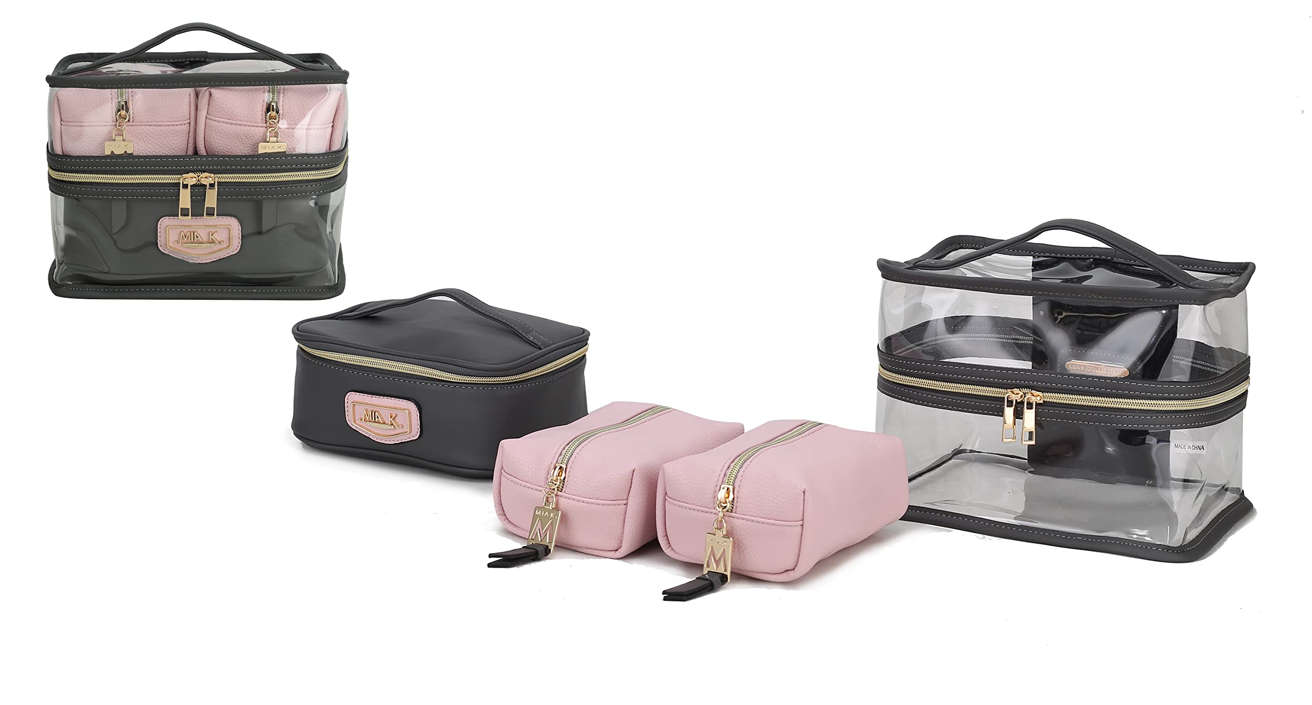 MKF 4PCS Stylish Cosmetic Bag Set - Portable Makeup Travel Organizer Case for Women (Pink & Charcoal) | Perfect for Travel, Gym, Daily Use & Gift Giving