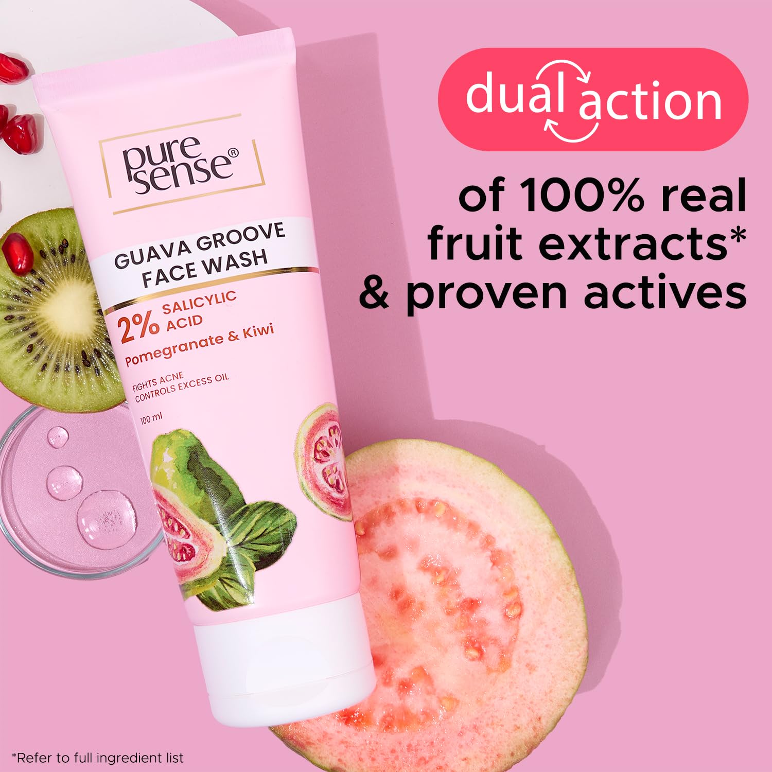 PureSense Guava Groove Face Wash with 2% Salicylic Acid | Pomegranate & Kiwi Extract | Acne Treatment & Oil Control | For Men & Women - 100ml | Daily Cleanser for Oily & Combination Skin | Perfect for Morning & Night Skincare Routine