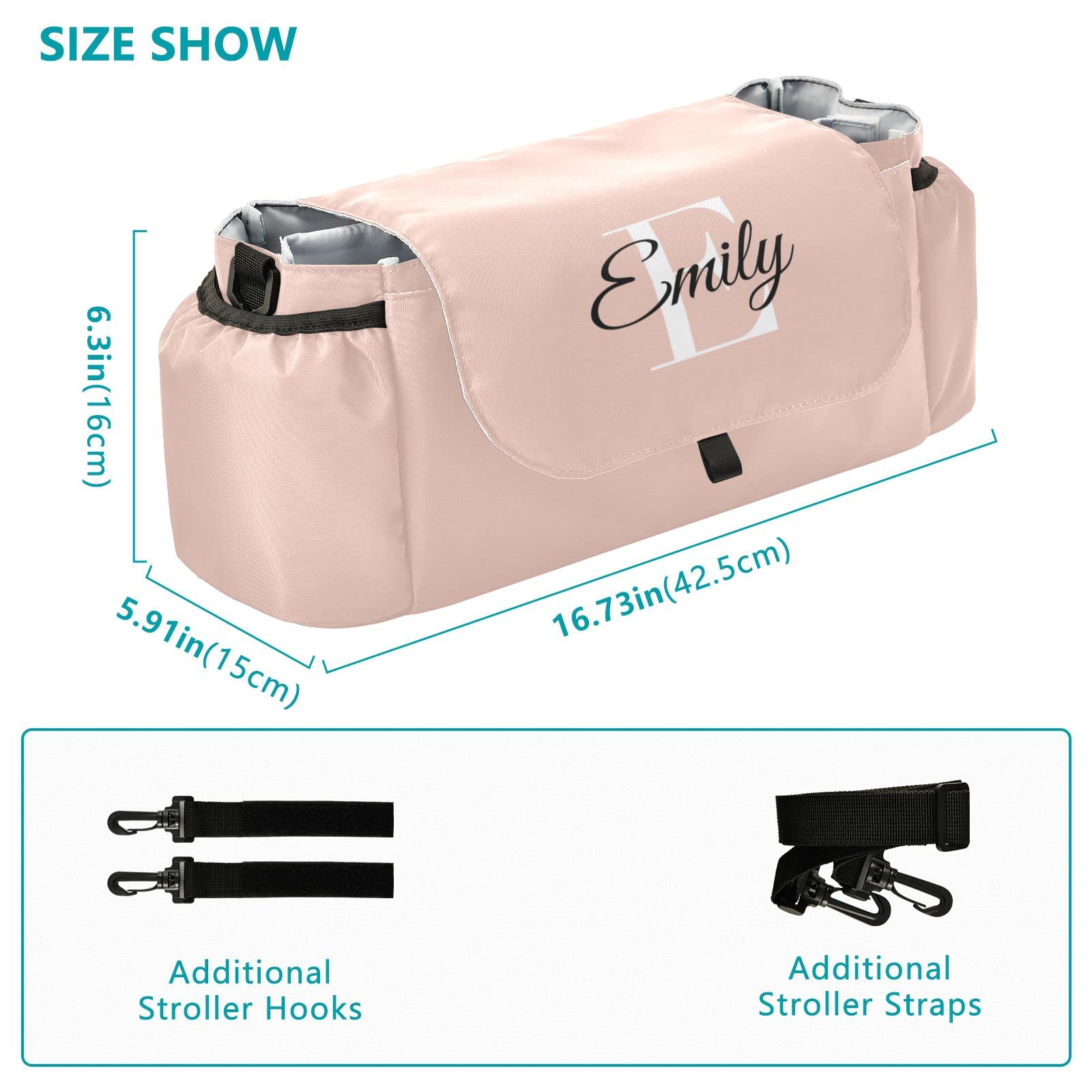**Sinestour Custom Pink Universal Stroller Organizer with Cup Holder - Personalized Diaper & Toy Storage Bag for Phones, Keys - Fits All Baby Strollers - Perfect for Park Walks, Shopping & Travel**