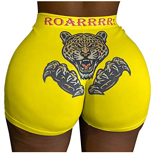 Women's Linen Shorts - Sexy Slim Fit Casual Elastic Waist Plus Size Hot Pants with Fashion Print (Yellow, Size S) | Perfect for Summer, Yoga, Beach & Lounge Wear