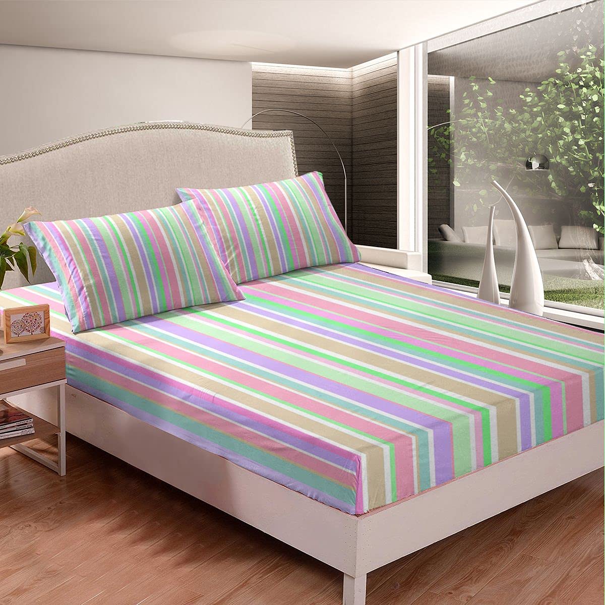 Feelyou Geometric Bed Sheet Set - Queen Size 3Pcs, Vibrant Striped Pattern in Orange, Teal, Purple & Pink - Soft Fitted Sheet for Modern Bedroom Decor | Perfect for Guest Rooms, Dorms & Master Bedrooms