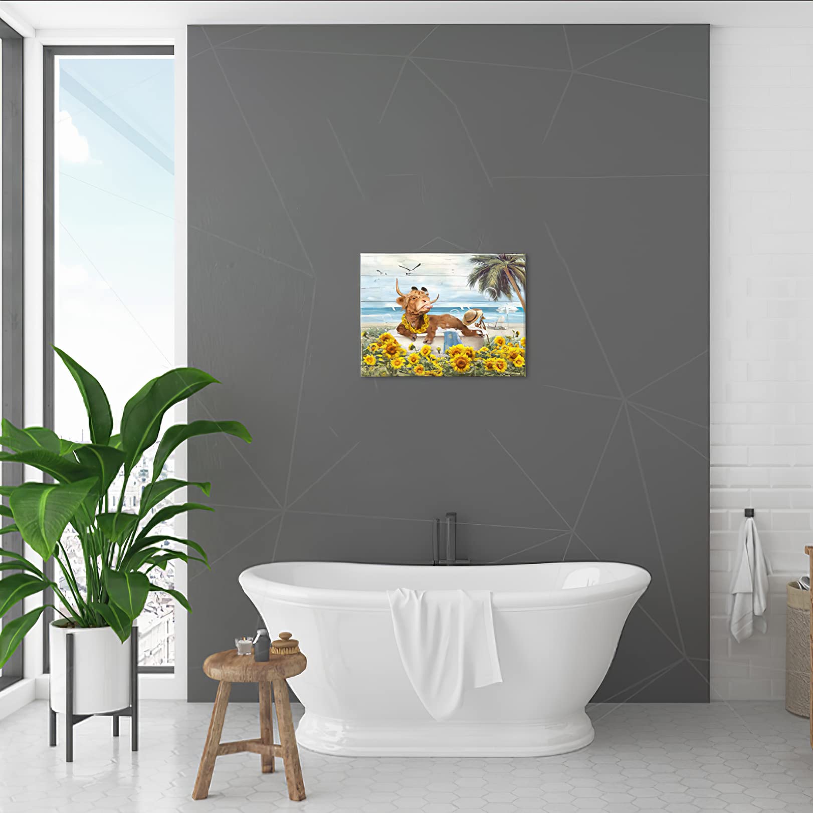 Highland Cow Wall Art - Farmhouse Bathroom Decor - 12x16 Inch Canvas Painting for Bathroom & Living Room