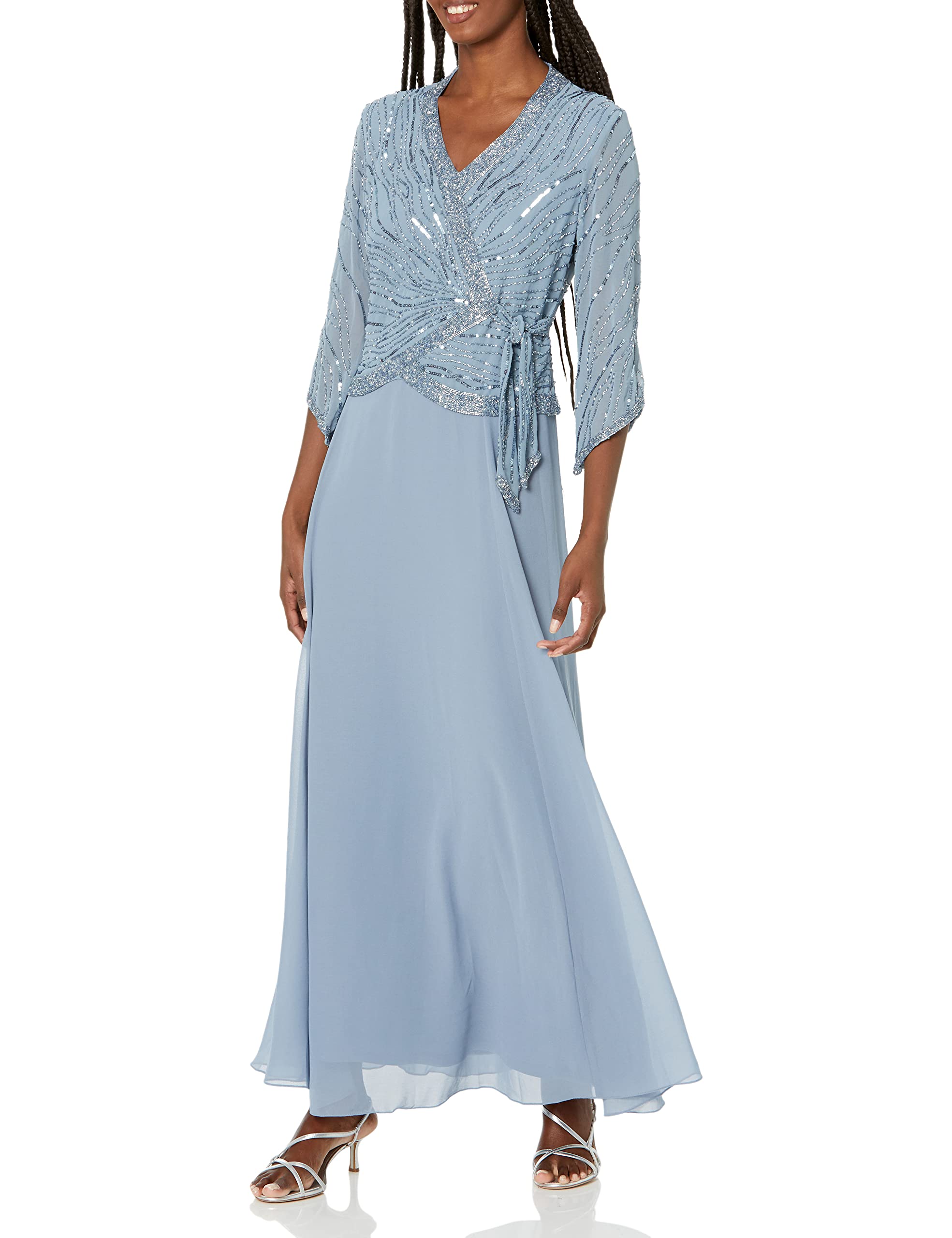 J Kara Women's Long 3/4 Sleeve V-Neck Beaded Faux Wrap Dress - Elegant Party & Evening Wear for Weddings, Cocktails, and Special Occasions