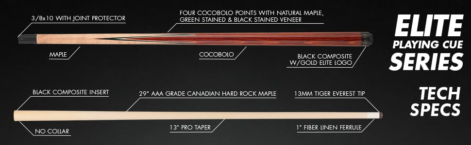 Elite EP33 Pool Cue - Premium Black Stained Maple & Zebrawood Design with Pearle White Diamonds & Black Outline - Perfect for Professional & Recreational Billiards