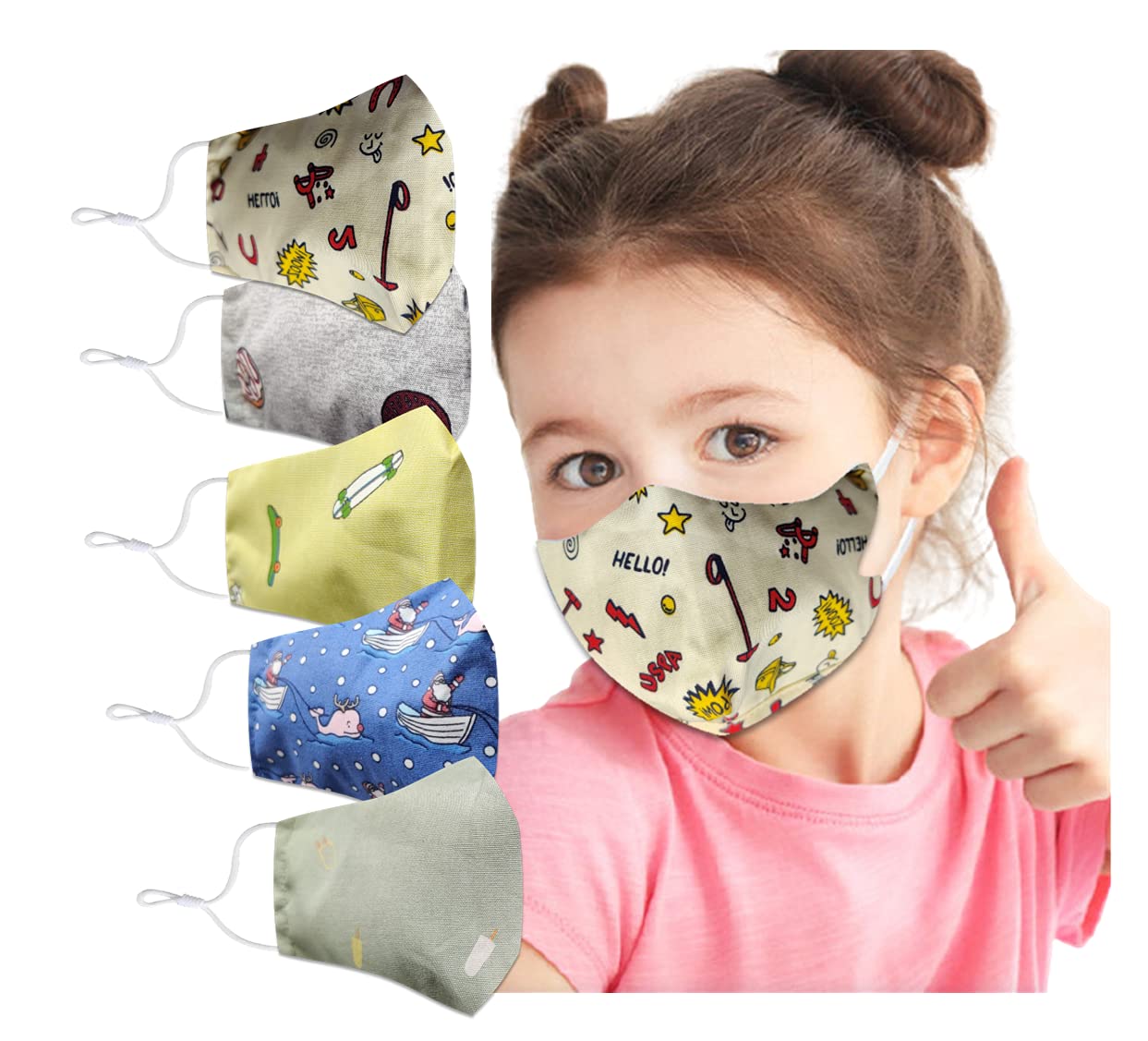 Kids Adjustable Cotton Face Masks - 5 Pack Washable & Breathable Reusable Face Coverings for Children | Soft Comfortable Protective Masks for School, Travel & Daily Activities | Made in India