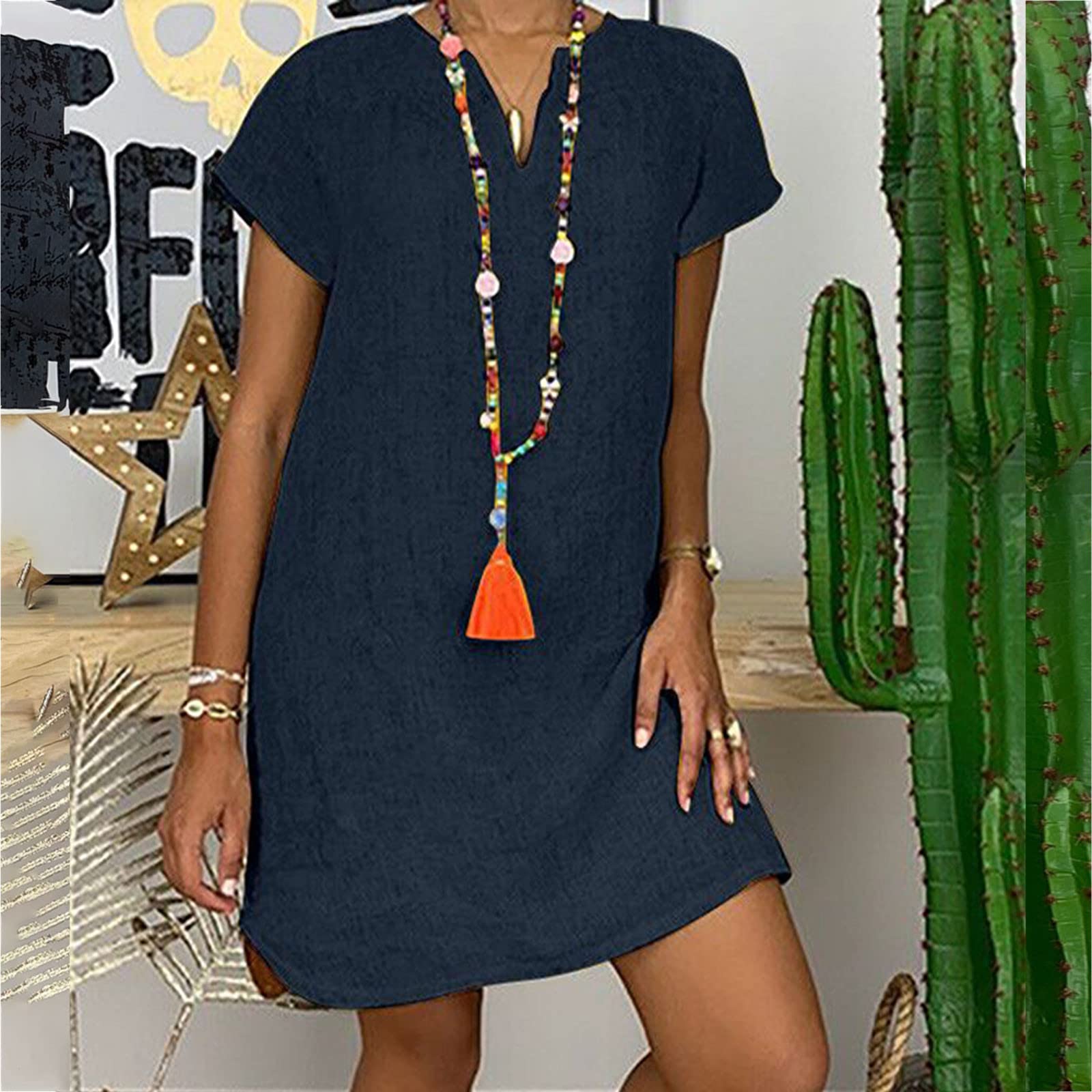 NaRHbrg Women's Linen Tunic Dress - V-Neck Loose Fit Midi Sundress for Beach Vacation, Plus Size Casual Shift Dress | Perfect for Summer Outings, Travel & Boho Style Fashion