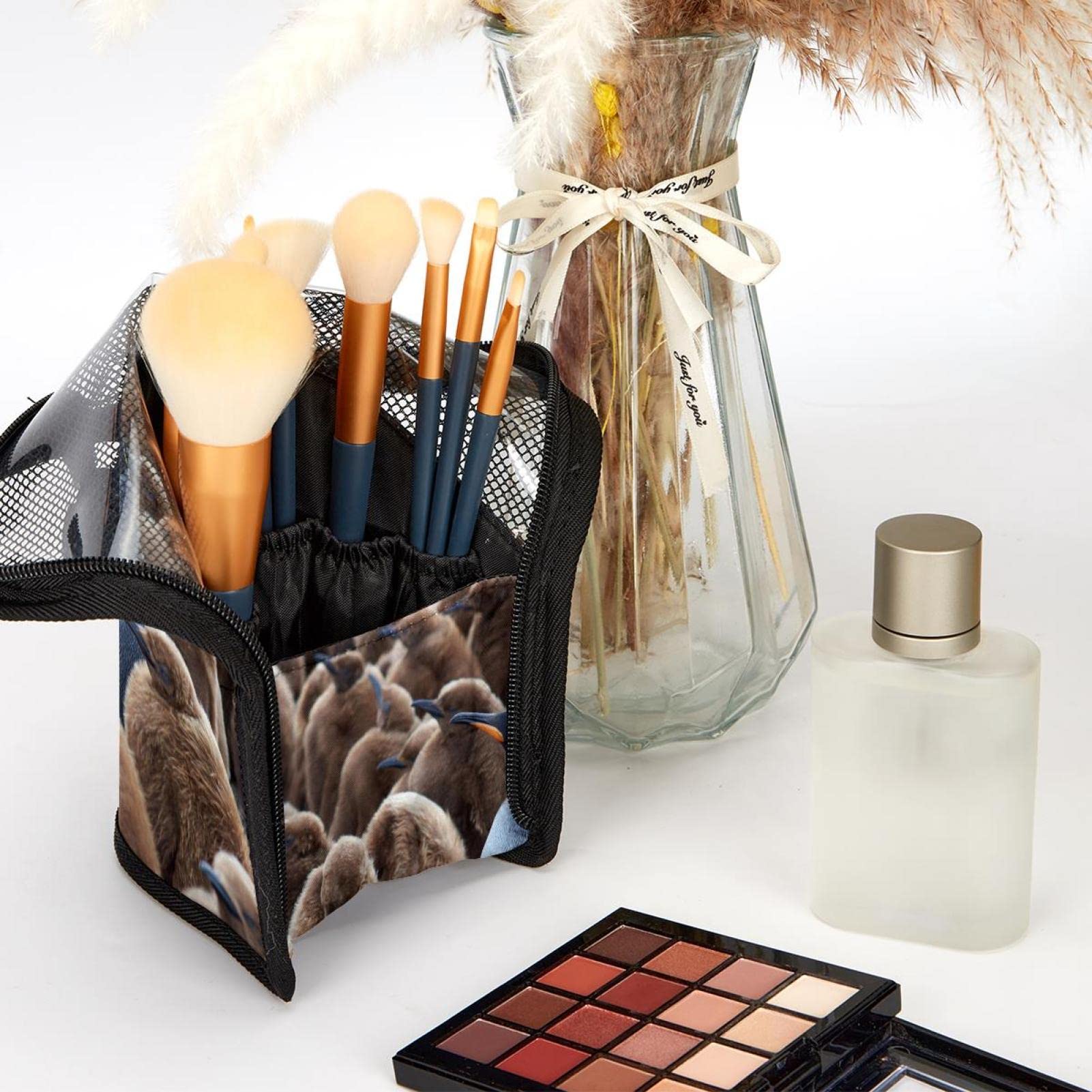 Portable Makeup Brush Organizer Bag with 12 Slots - Cute Penguin Design Cosmetic Brush Holder Case for Travel & Home Storage