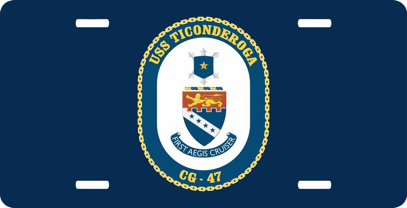 USS Ticonderoga CG-47 Navy Ship Metal License Plate - American Military Collectible for Car, Truck, or Wall Display
