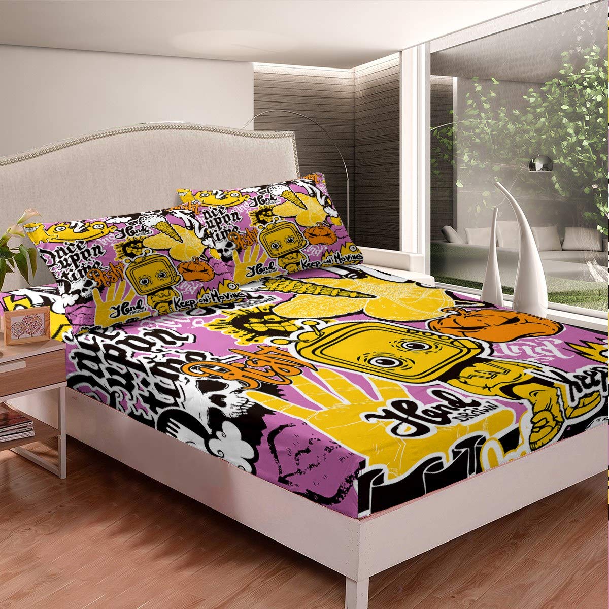 Kids Robot Pumpkin Ice Cream & Palm Print Bedding Set - Soft Polyester 3-Piece Queen Size (Fitted Sheet + 2 Pillowcases) for Boys & Girls - Perfect for Nursery, Kids Room & Sleepovers