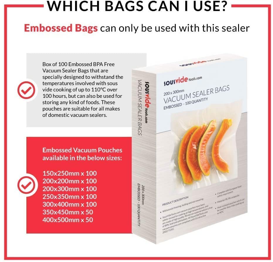 Premium Sous Vide Vacuum Sealer Bags - 100 Pack (30cm x 40cm) | Embossed Food Storage Bags for Sous Vide Cooking, Freezing & Microwaving | Ideal for Meal Prep, Sous Vide Steaks & Long-Term Food Preservation | [SVT-06005]