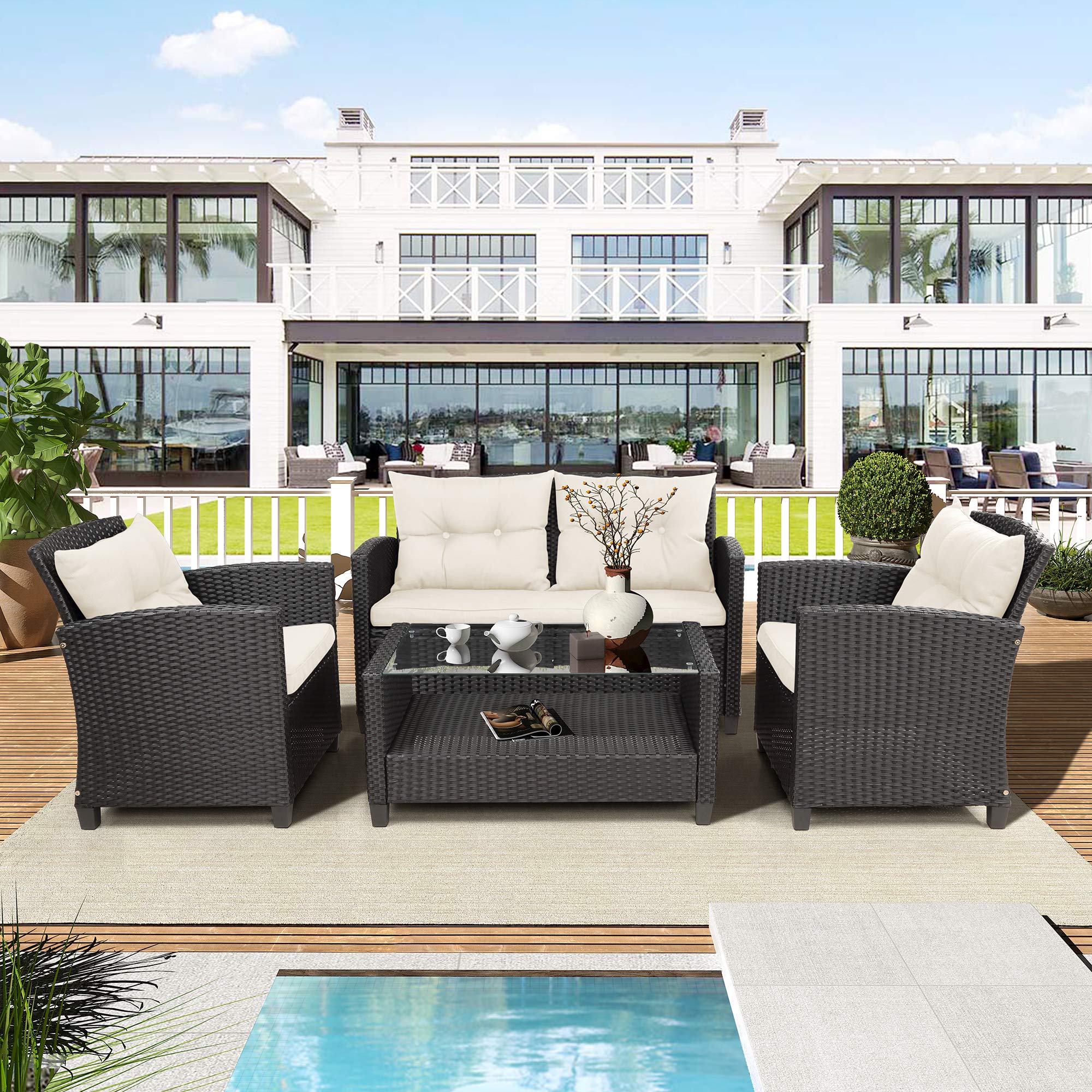 4-Piece Outdoor Patio Furniture Set - All-Weather Wicker Conversation Sofa Set with Cushions & Storage Coffee Table for Porch, Deck, Garden or Backyard - Perfect for Relaxing, Entertaining and Outdoor Gatherings