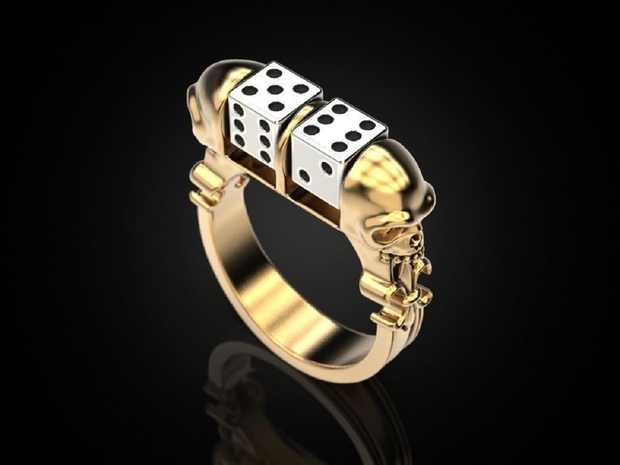 Skull Dice Biker Ring for Men - Gothic Punk Hip Hop Jewelry, Lucky Two-Tone Gold Halloween Skull Ring | Perfect for Bikers, Gamers & Gothic Fashion Enthusiasts