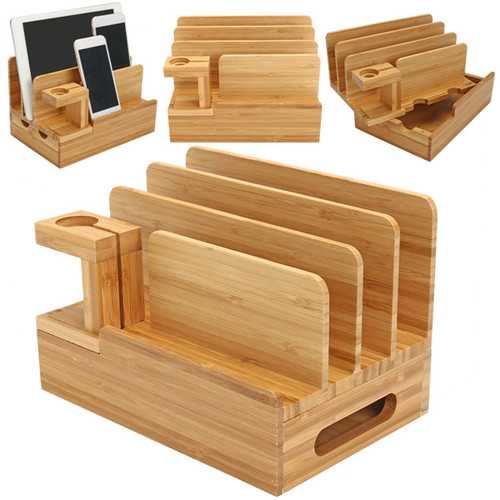 Bamboo Charging Dock Stand Organizer for Apple Watch, iPhone, and Tablet - Perfect for Nightstand, Office Desk, and Travel Accessories