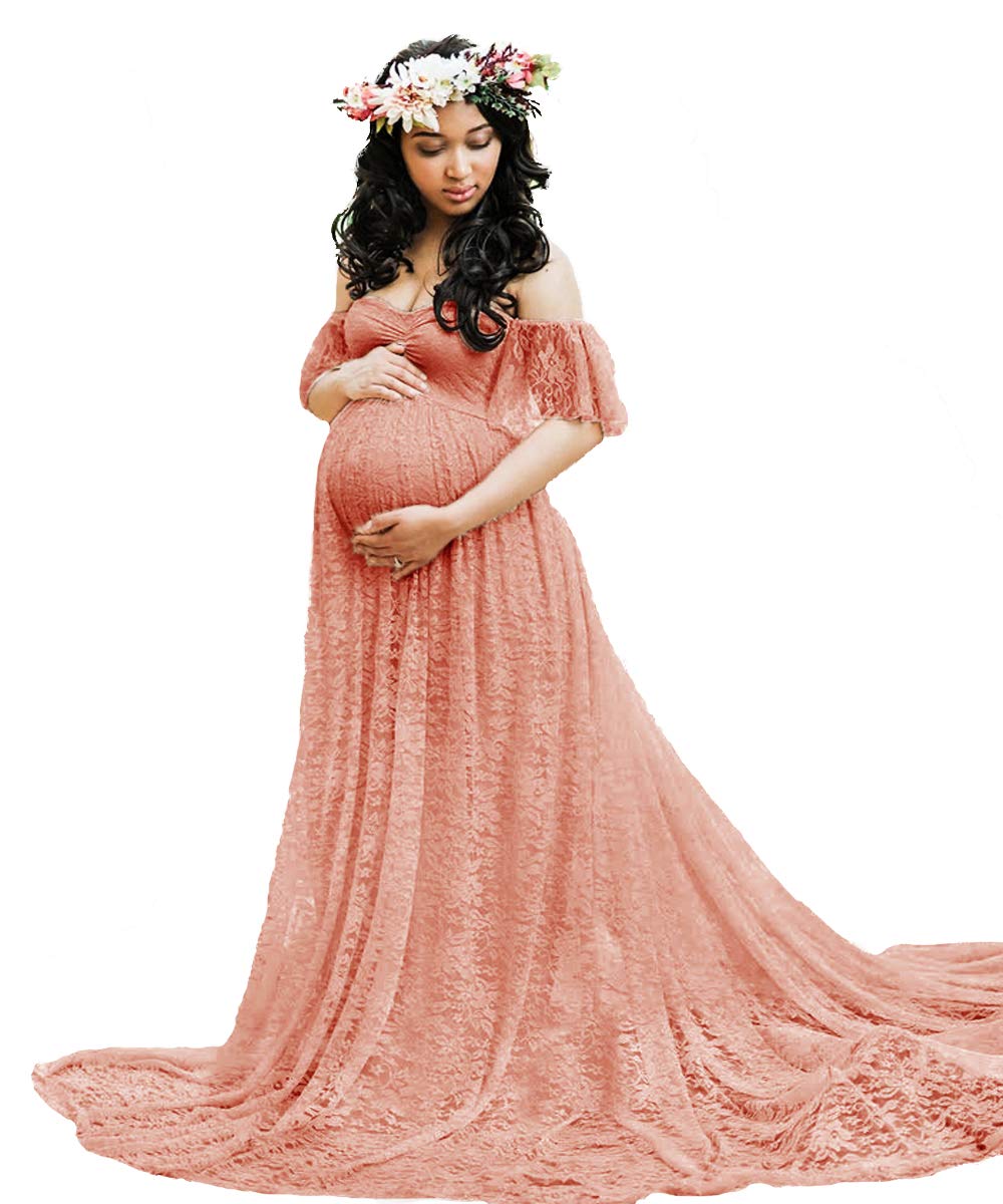 Sicily Women's Lace Off-Shoulder Long Maternity Dress for Pregnancy Photoshoot, Baby Shower & Special Occasions
