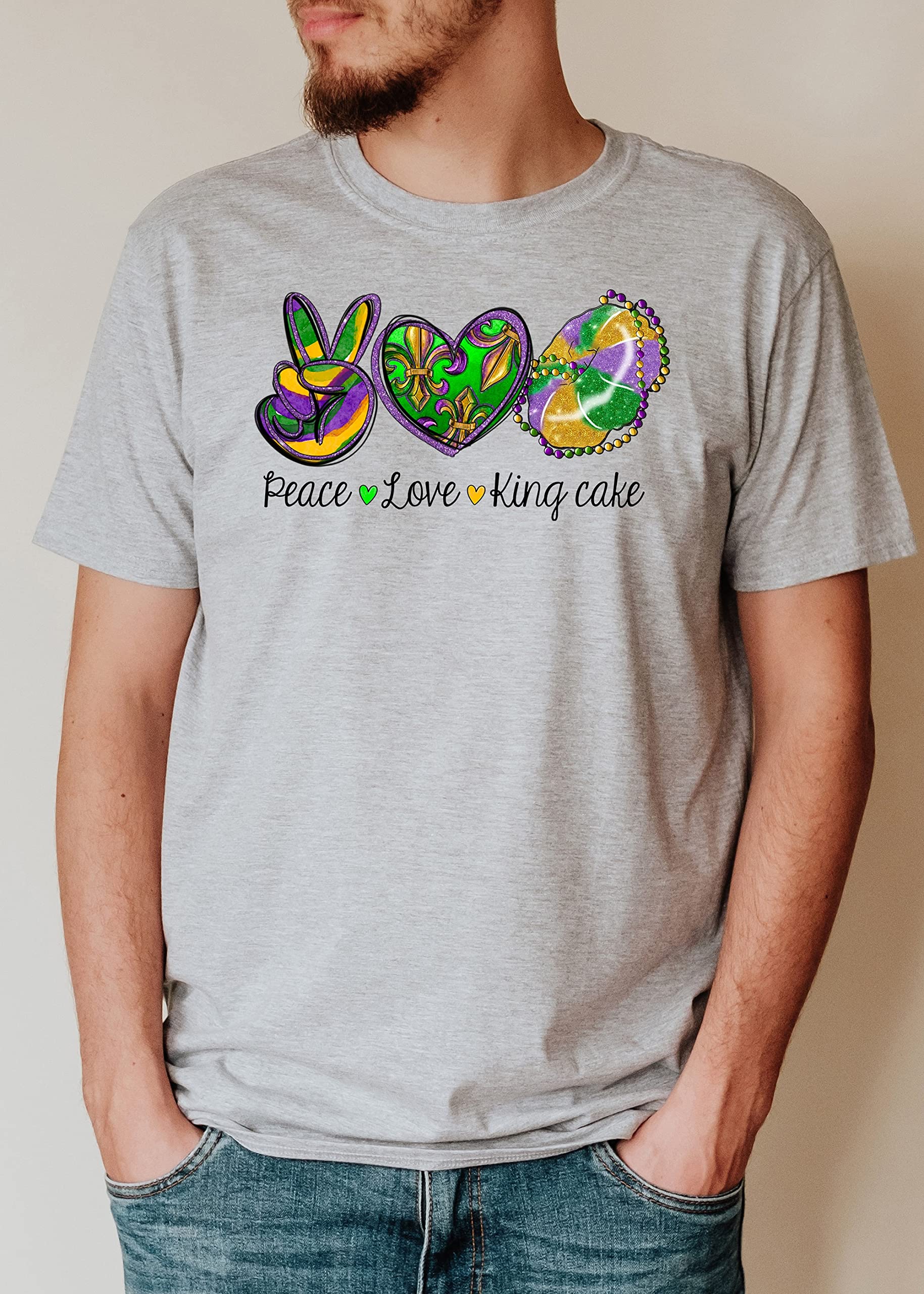 Peace Love King Cake Mardi Gras T-Shirt - Fun Carnival Party Outfit for Festivals & Parades